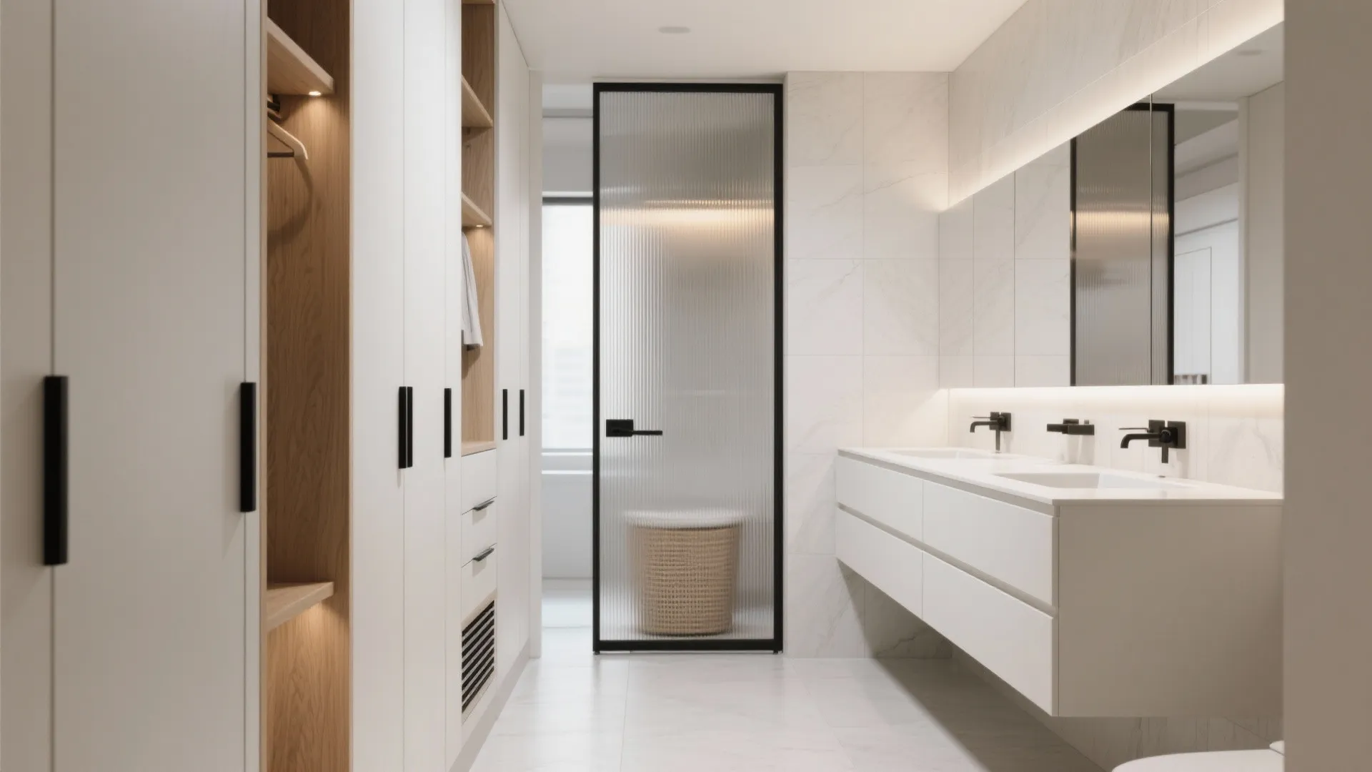Modern bathroom with white double vanity white floor tiles frosted glass door and white walk-in closet