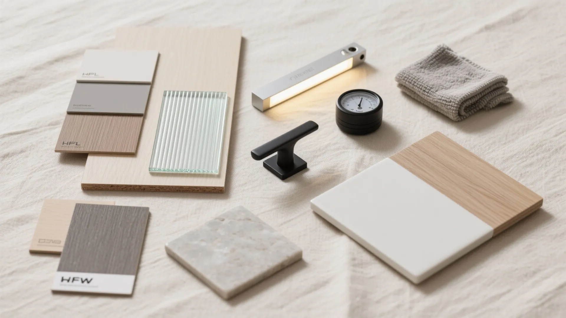 Material samples including wood boards marble tiles black handle and light fixture on a beige cloth