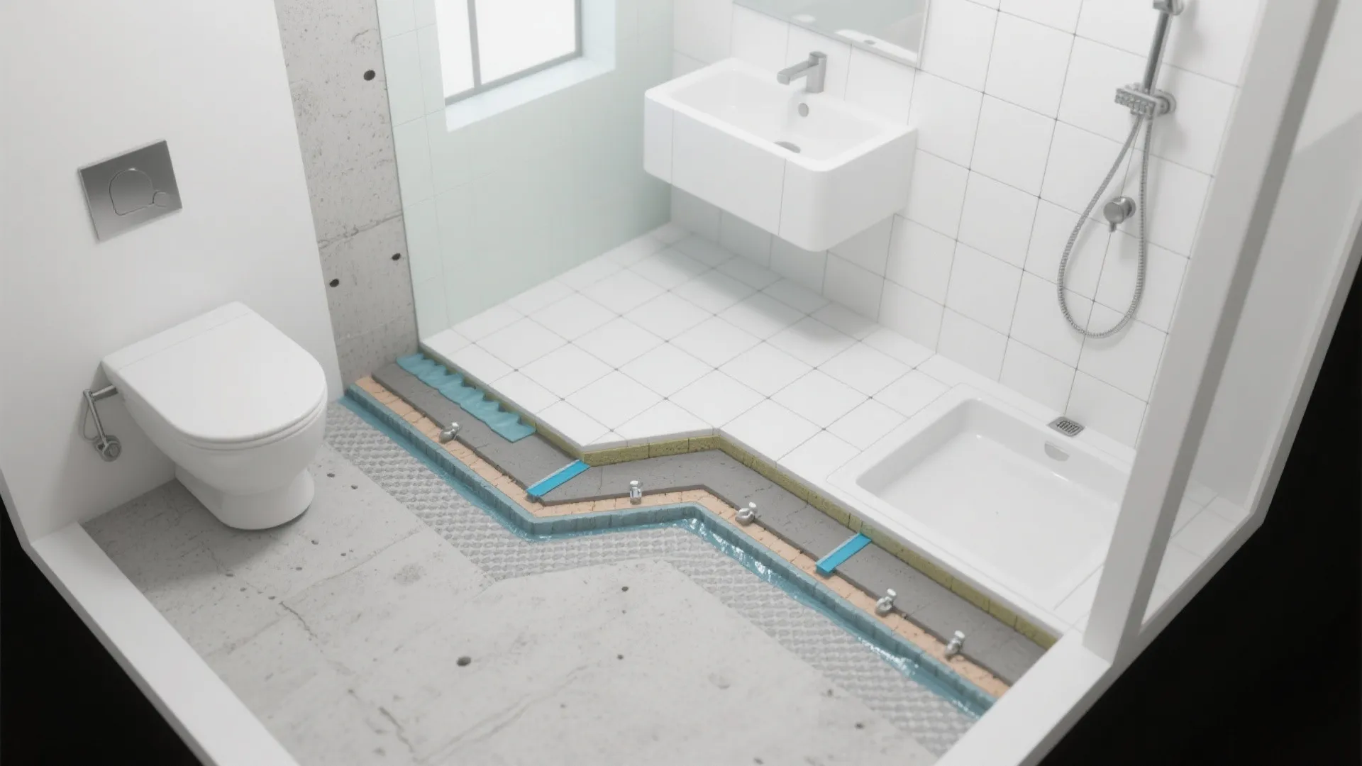 Top-down cutaway showing backer board, membrane, movement joints, and white tile finish.