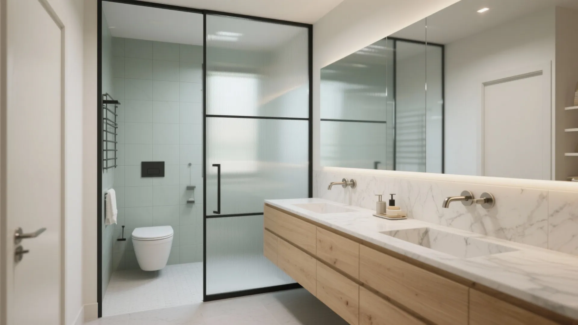 Modern bathroom with double marble sink wooden cabinet glass sliding door white toilet and large mirror