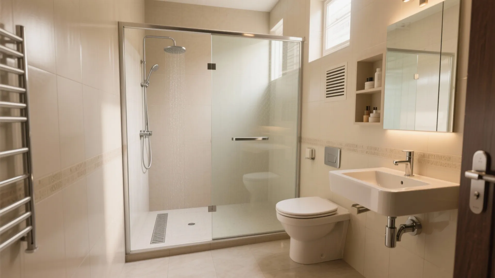 Modern bathroom with glass shower door white toilet sink mirror towel rack and beige tiles