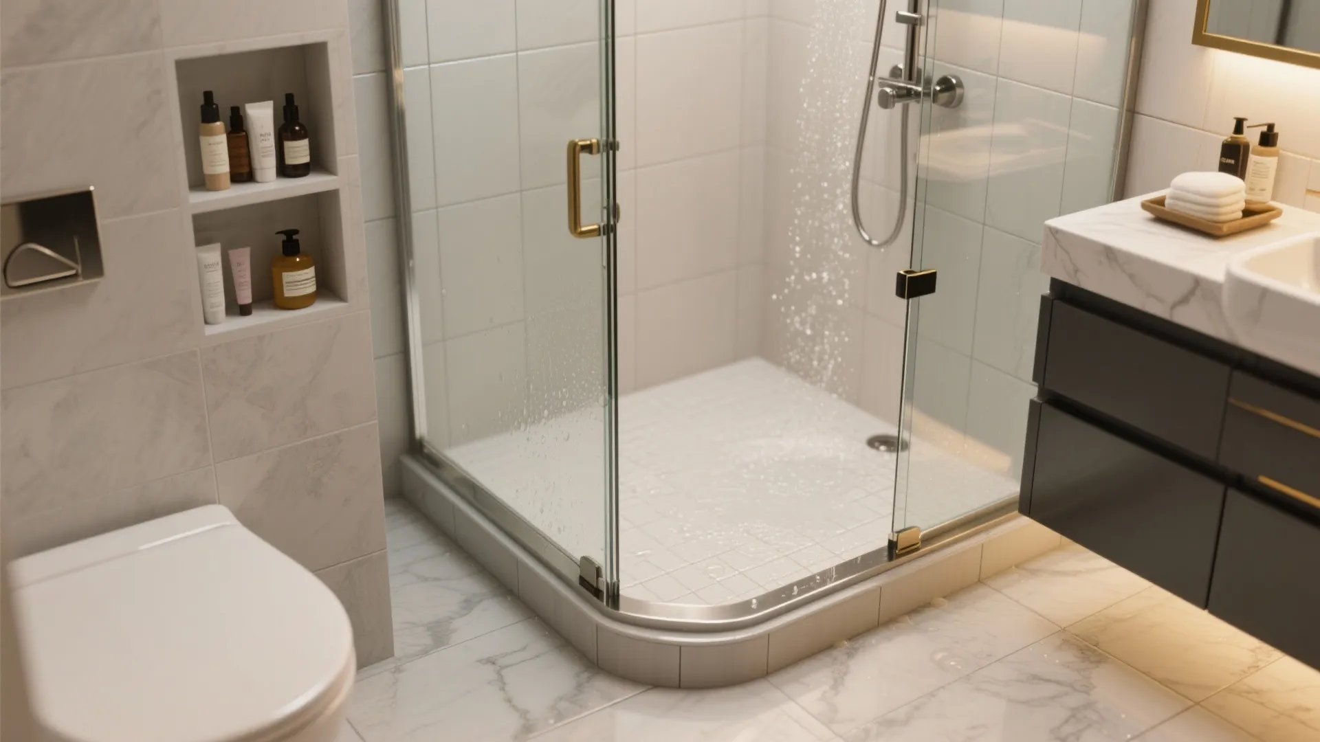 Bathroom wet–dry separation with niche storage
