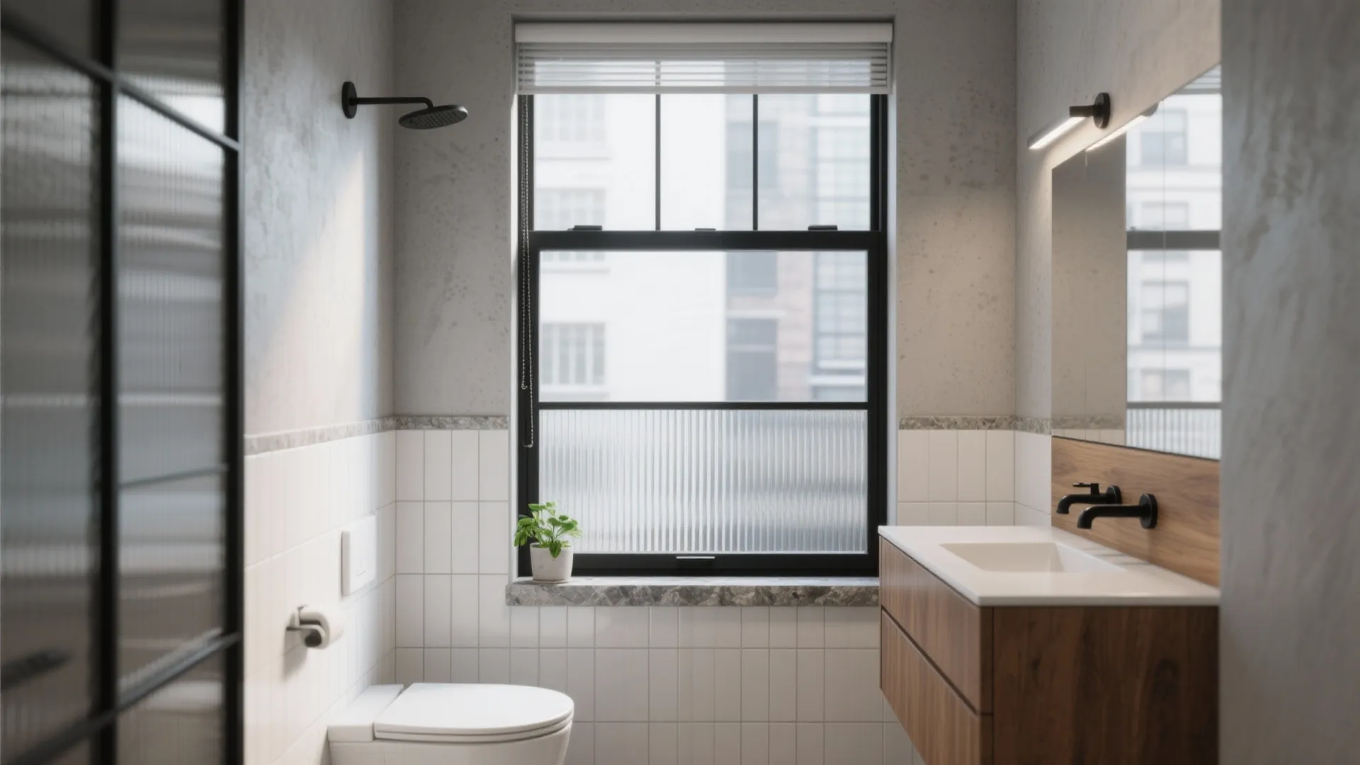 Modern bathroom with black frame window wooden cabinet white toilet shower head and tiled wall panels