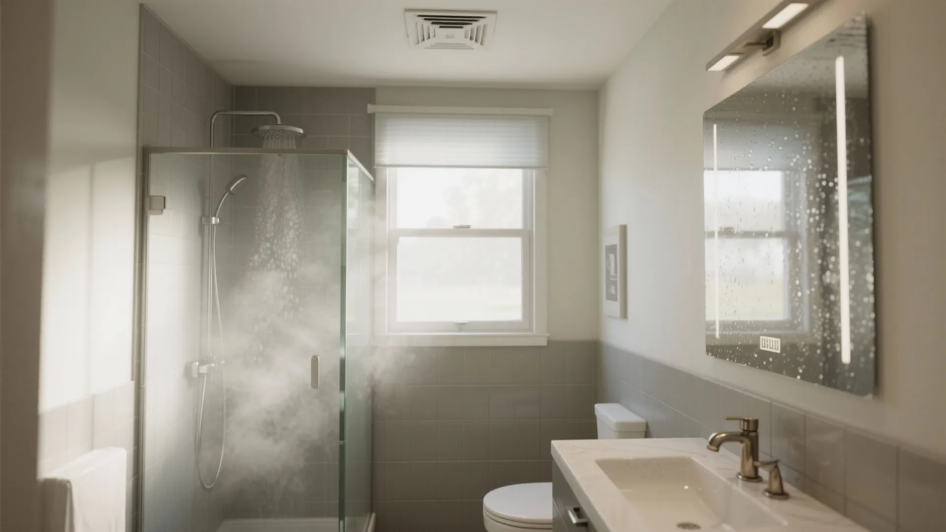 Steamy bathroom interior with a glass shower sink mirror toilet and a small ceiling vent