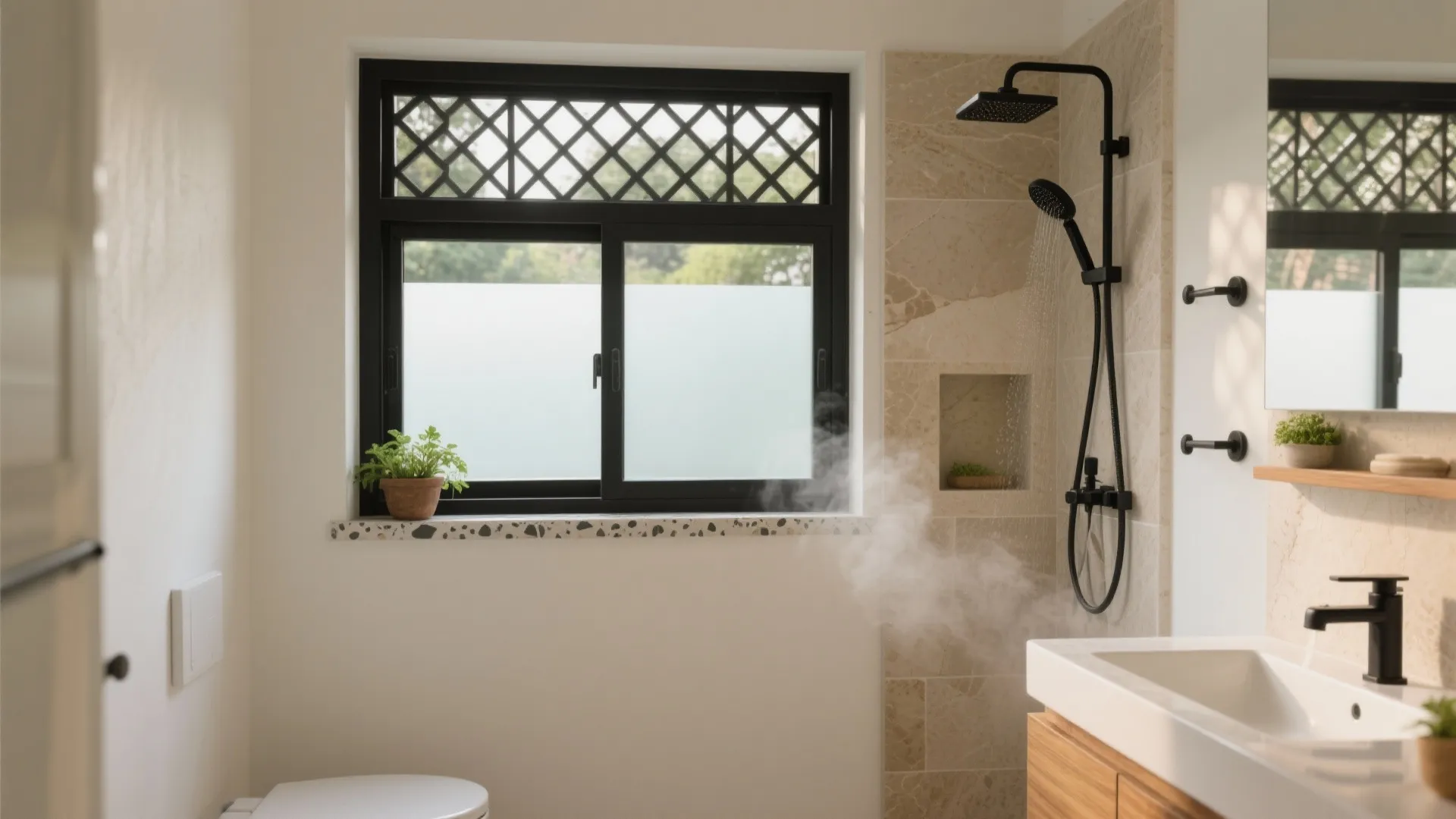 Modern bathroom with black window frame frosted glass shower area white sink and small green plant