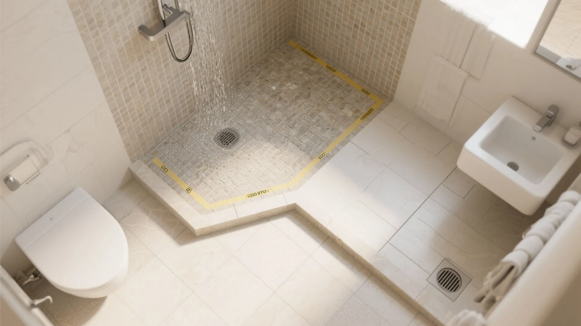Modern bathroom top view showing a white toilet sink shower area and light beige floor tiles