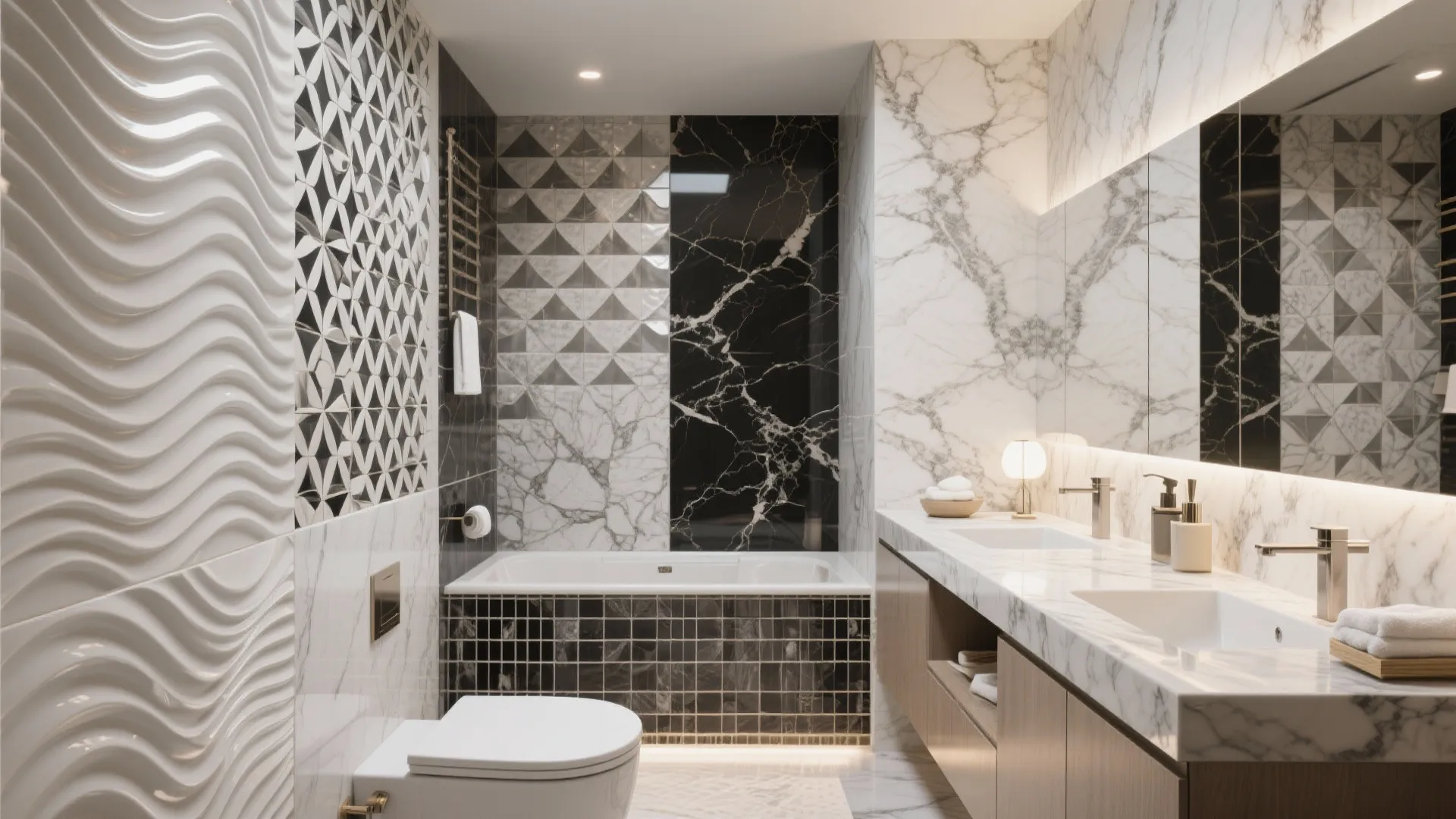 Modern bathroom interior design drawing featuring marble walls white bathtub double sinks and brown wooden