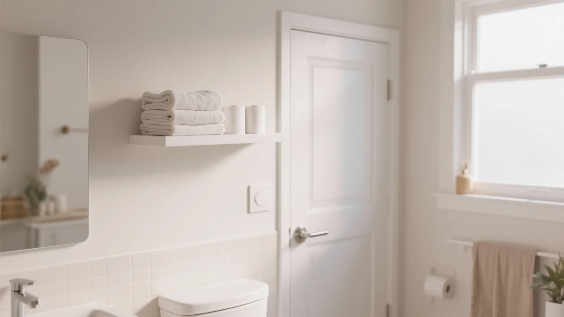 Modern bathroom interior featuring white floating shelf above toilet with neatly stacked towels and rolls