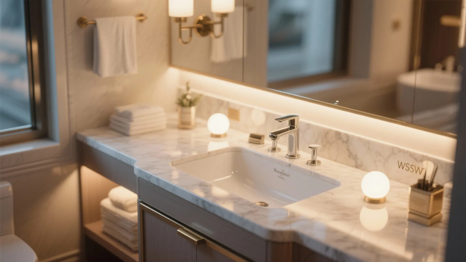 Bright bathroom vanity with marble top white sink warm wall light and small round desk lamps