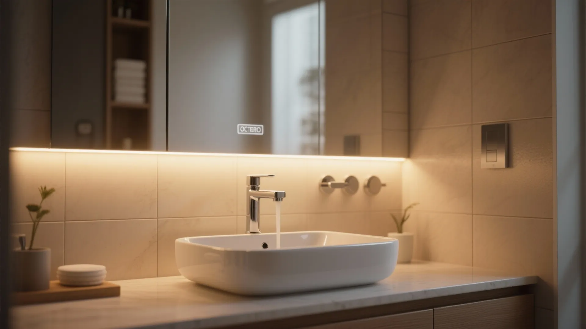 Warm bathroom interior showing a white sink under a mirror with a glowing LED strip
