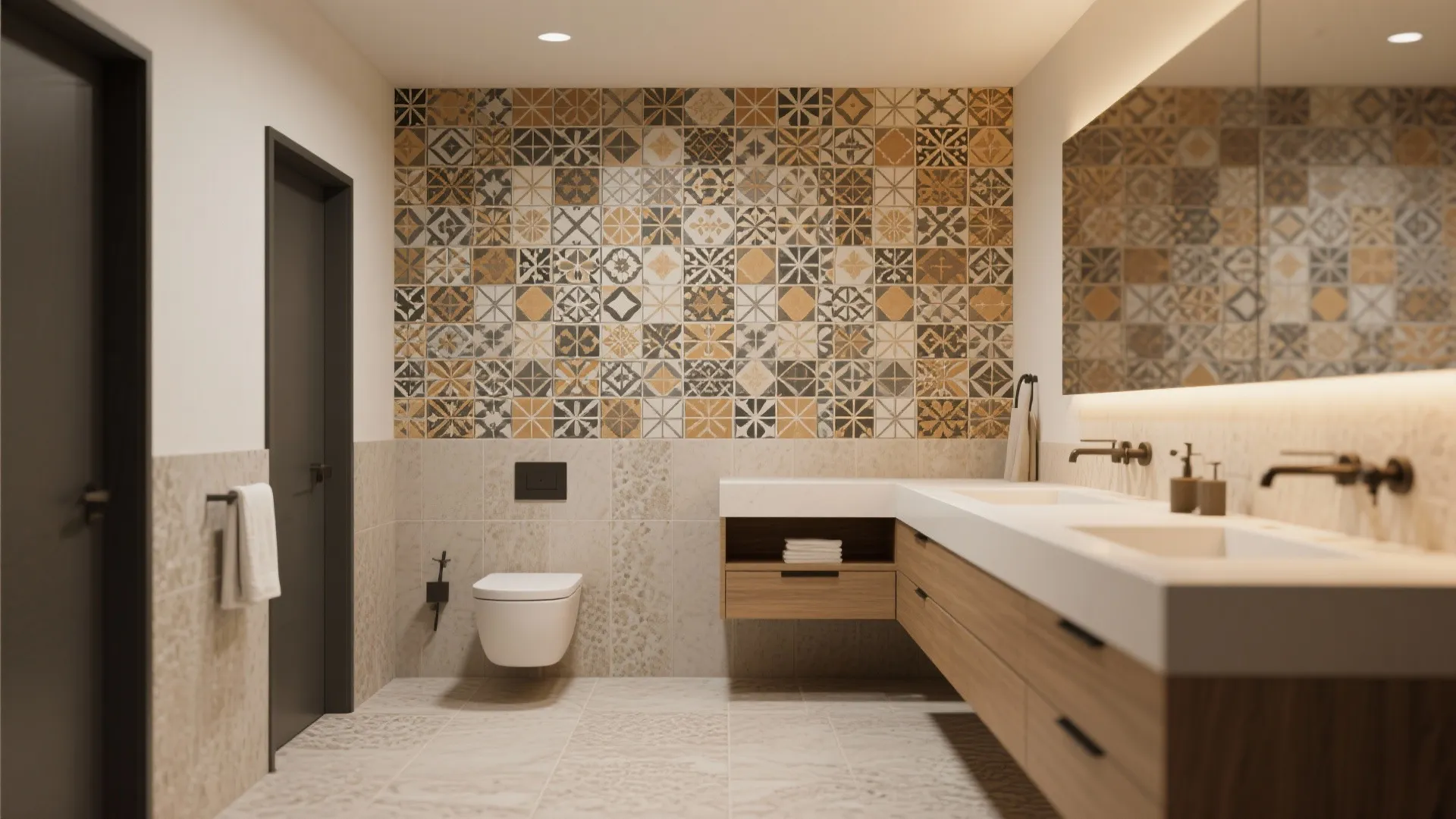 Modern bathroom featuring pattern tile accent wall plus wood cabinet with double sinks and toilet