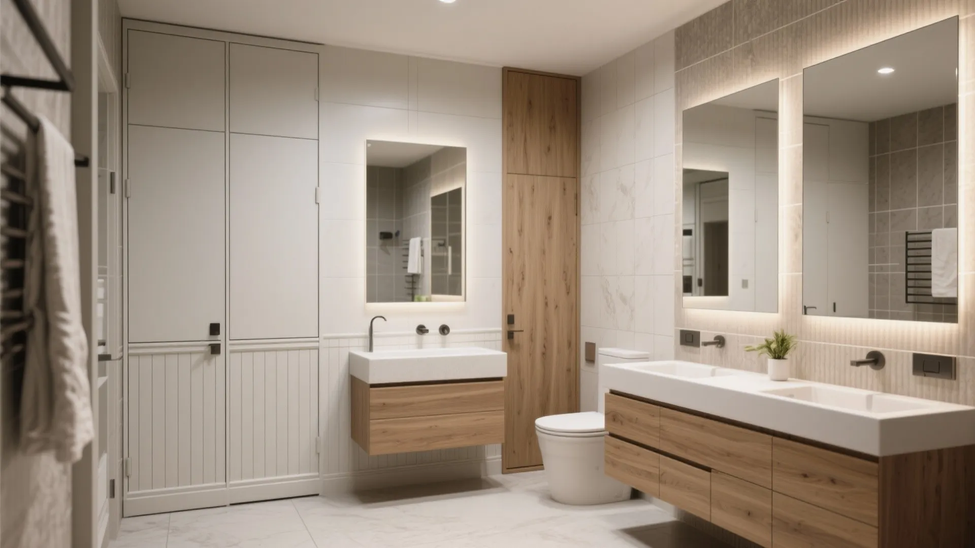 Modern bathroom featuring wooden cabinets white wall panels double sinks and large lighted wall mirrors