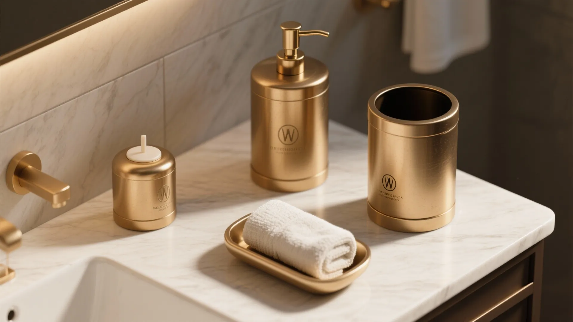 Gold soap dispenser and toothbrush holder set on marble counter with white towel and faucet