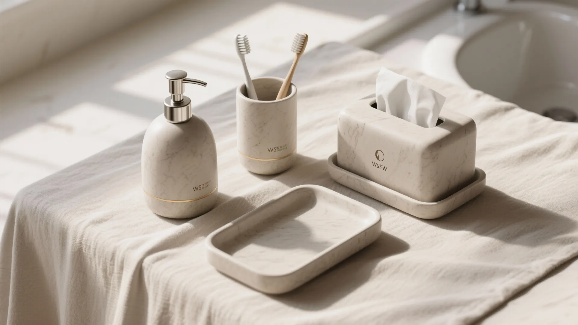 Marble bathroom accessory set including soap dispenser toothbrush holder tissue box and tray on beige towel