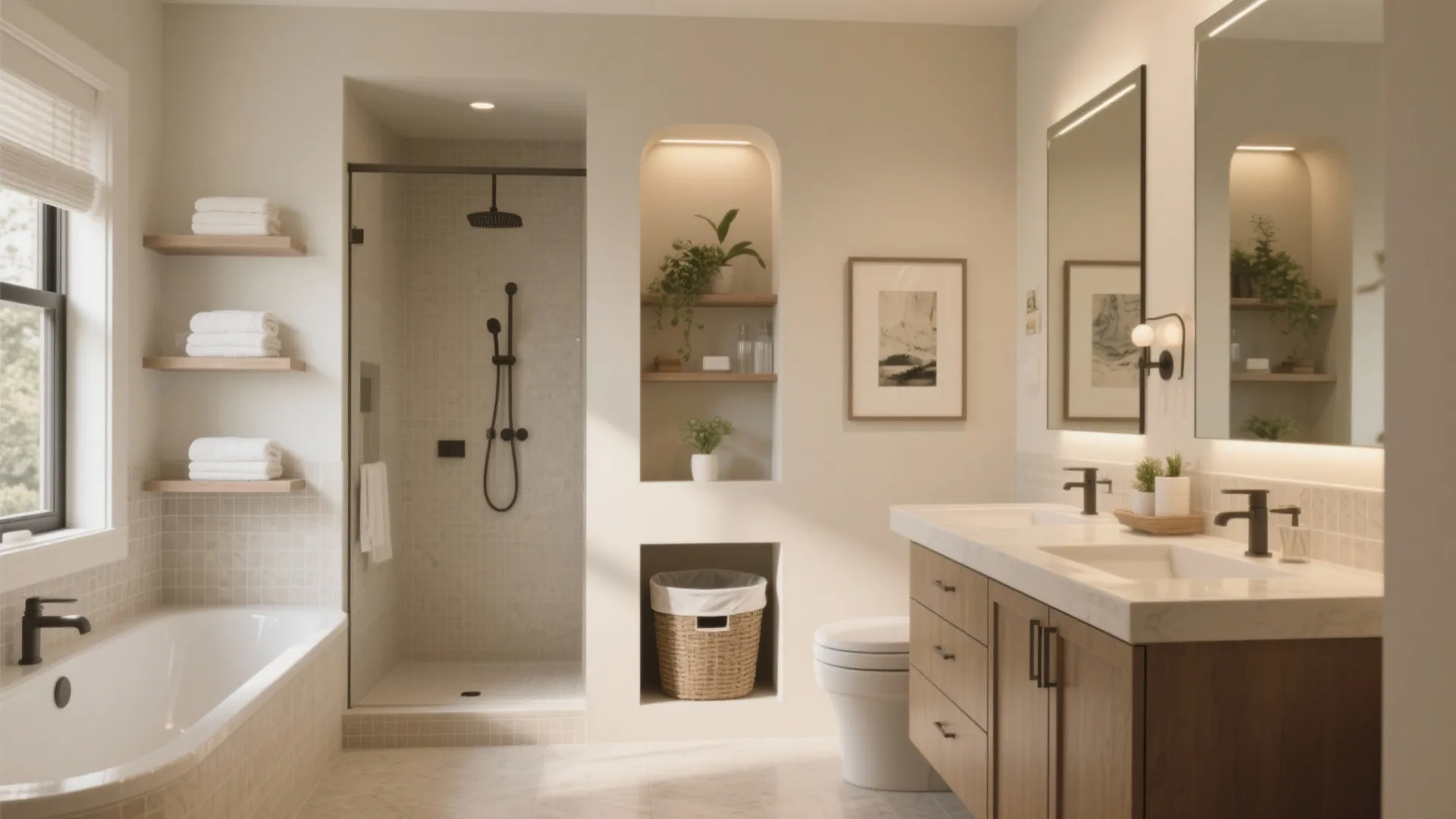 Modern bathroom interior design with walk in shower bathtub wooden cabinet and double sink vanity