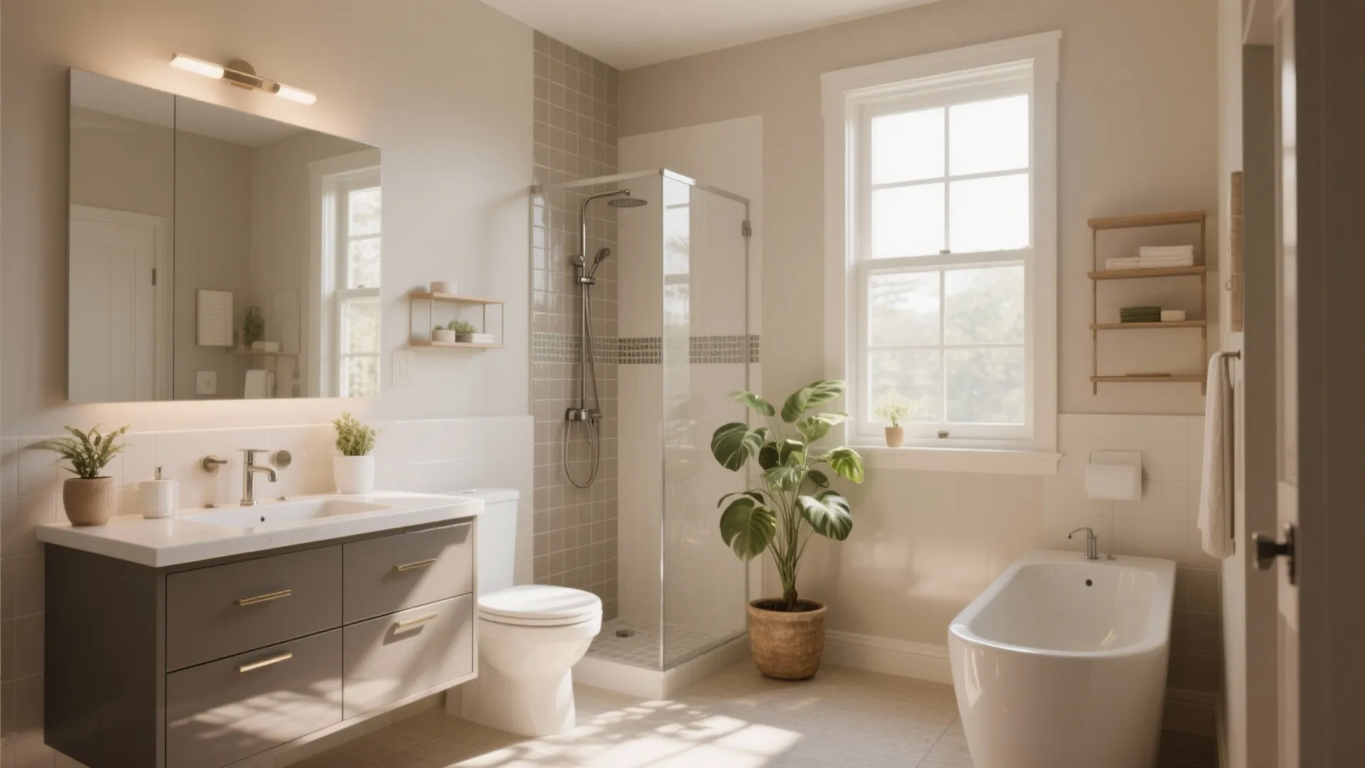 Modern bathroom with brown cabinet and white sink plus glass shower and white bath tub