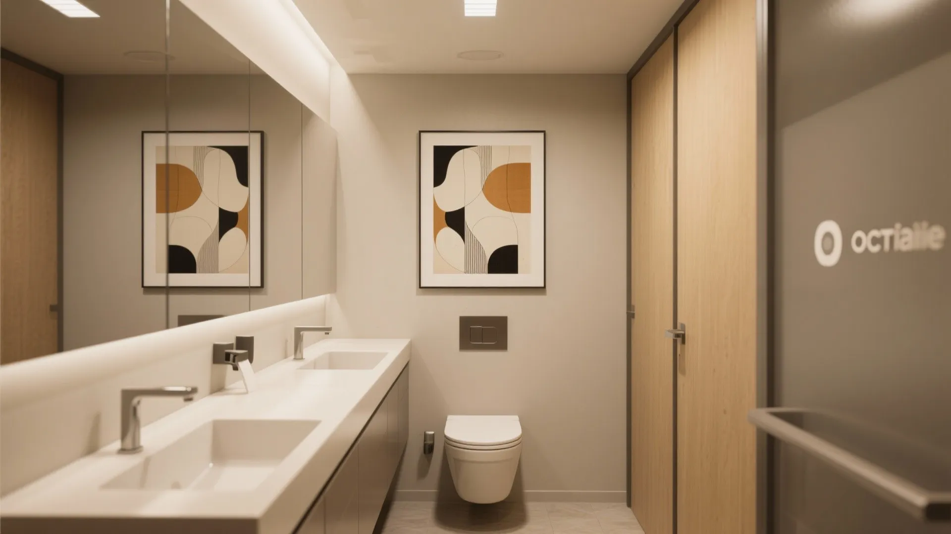Modern bathroom interior featuring double white sinks large mirror wall art and wood panel doors