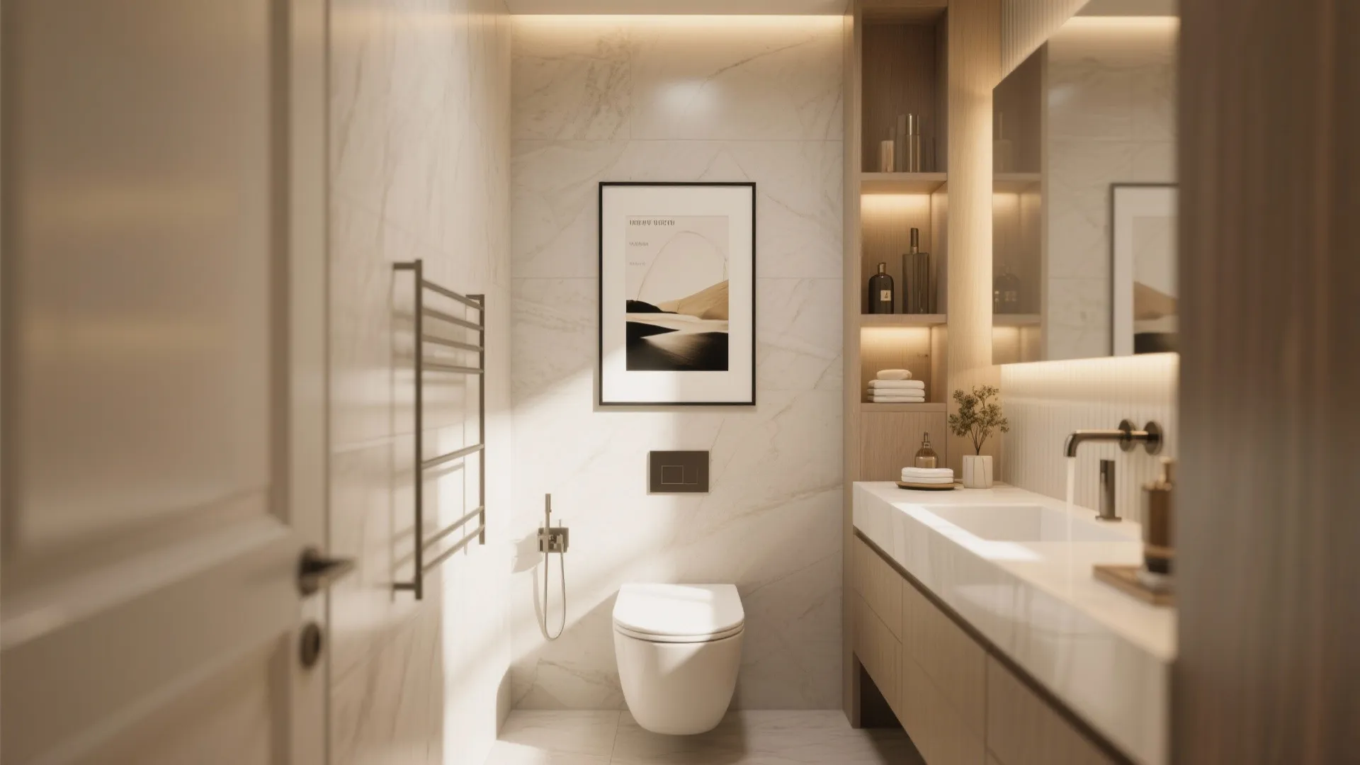 Warm bathroom interior featuring framed wall art, white toilet, marble walls, and a wooden cabinet