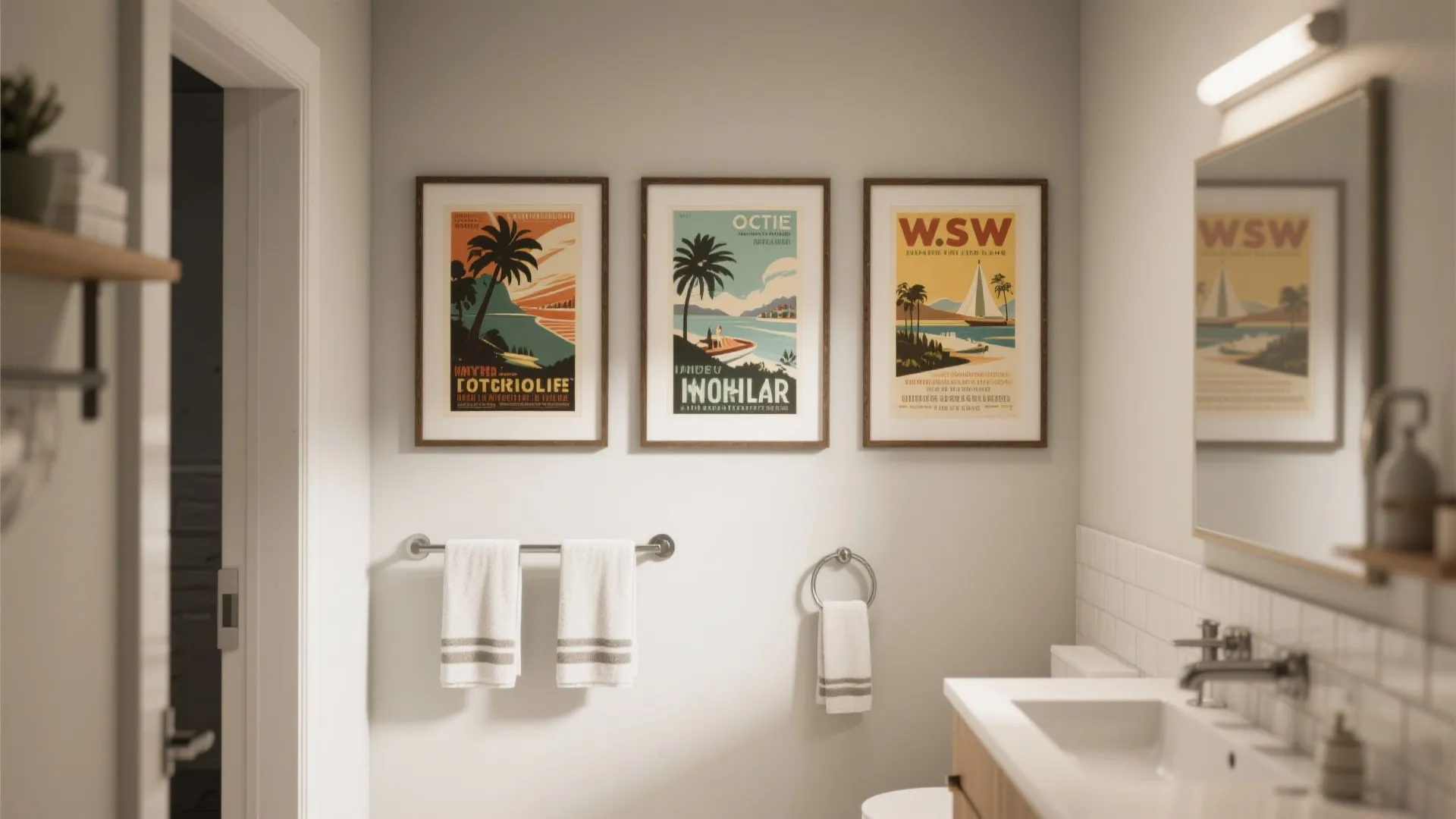 White bathroom wall featuring three framed posters above a towel rack and white wash basin