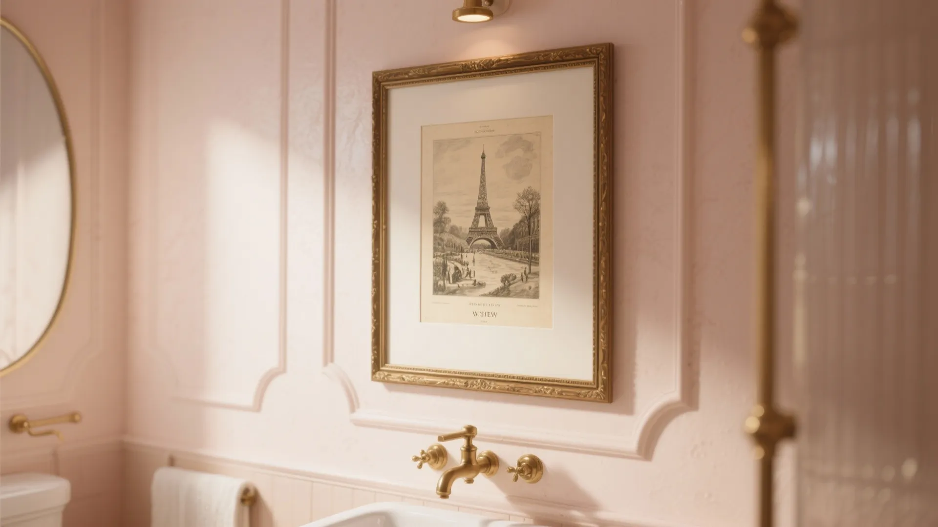 Pink bathroom wall featuring a framed Eiffel Tower drawing, gold light fixture, and wall panel