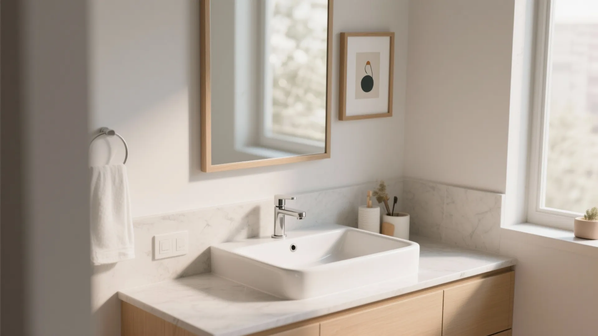 Modern bathroom sink area with wooden cabinet marble countertop large mirror and small framed wall art