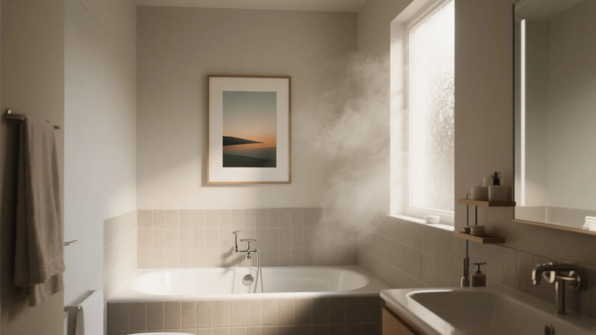 Steamy bathroom interior featuring a white bathtub tan wall tiles and a framed sunset artwork