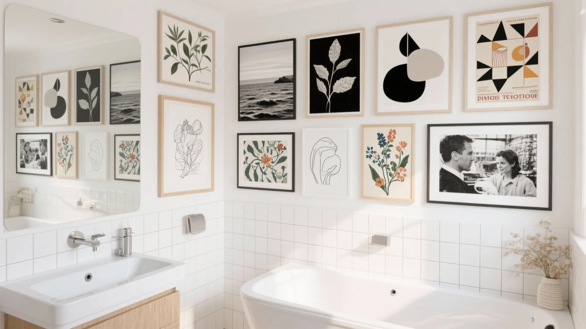 Modern white bathroom wall featuring a gallery of various framed art prints and a bathtub