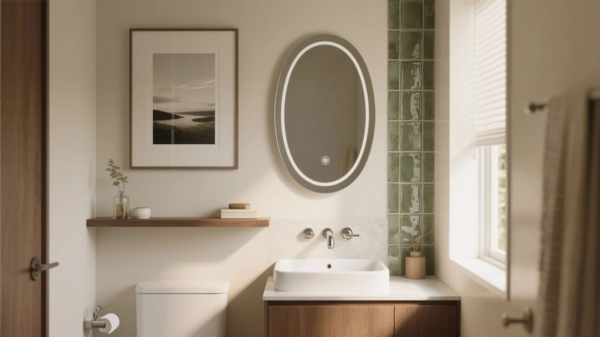 Modern bathroom with white sink, oval lighted mirror, framed art, wooden shelf, and green tiles