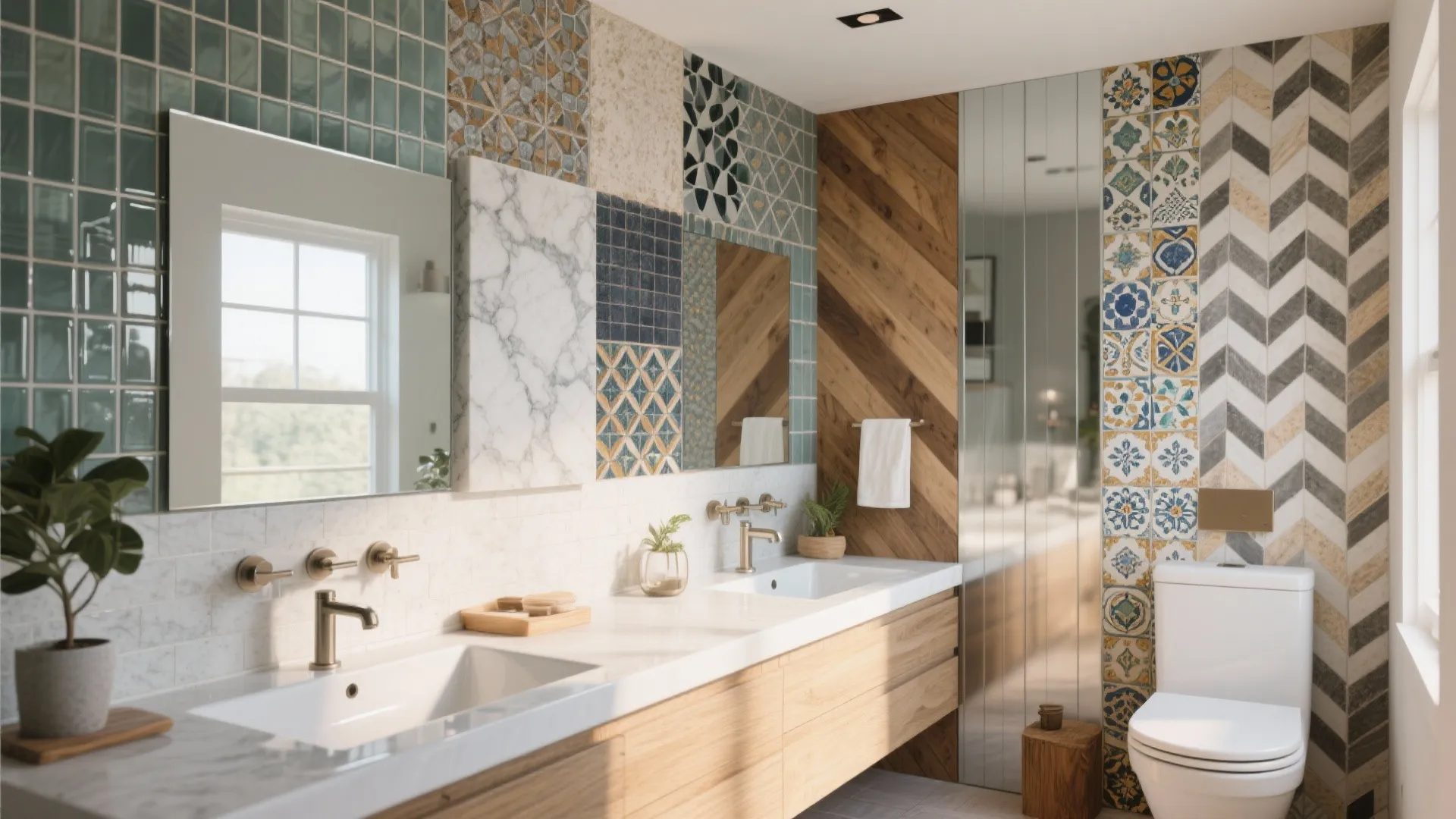 Spacious bathroom with wood cabinet double sinks and various patterned wall tiles with white toilet