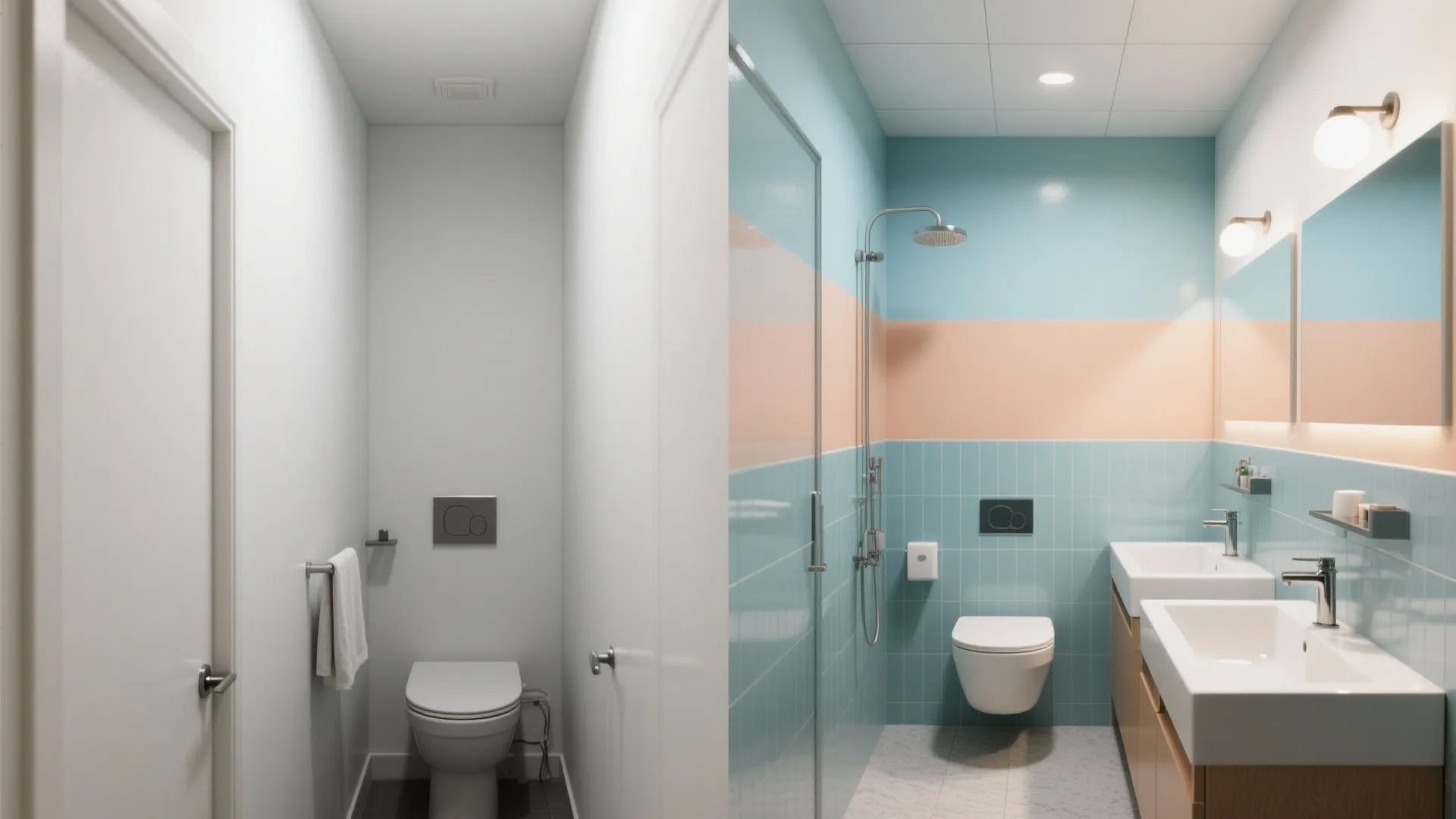 Before and after of a narrow bathroom using a horizontal band and lighter ceiling to expand perceived space.