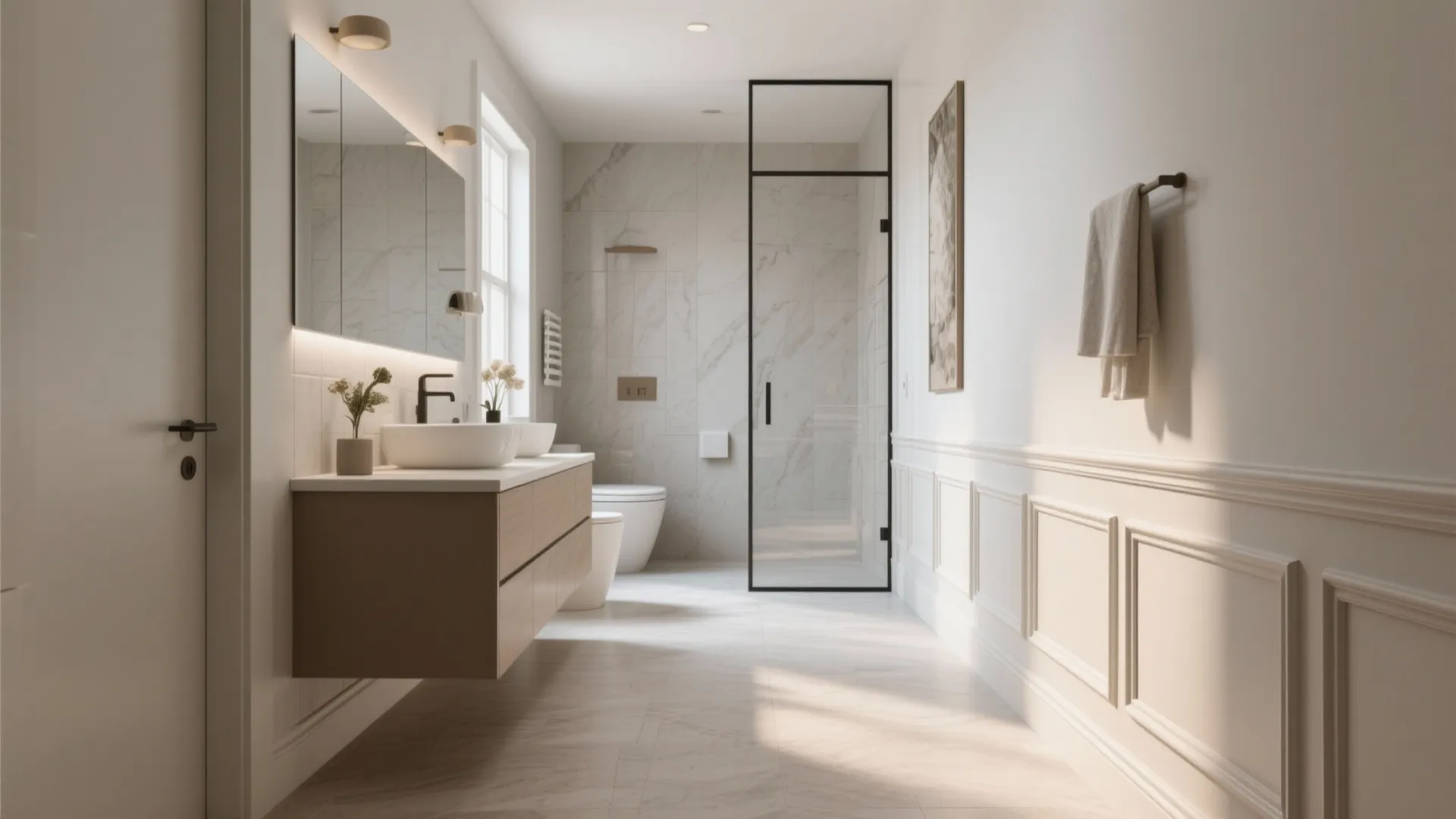 Modern bathroom featuring wooden cabinet, white sinks, large mirror, glass shower door, and white panels