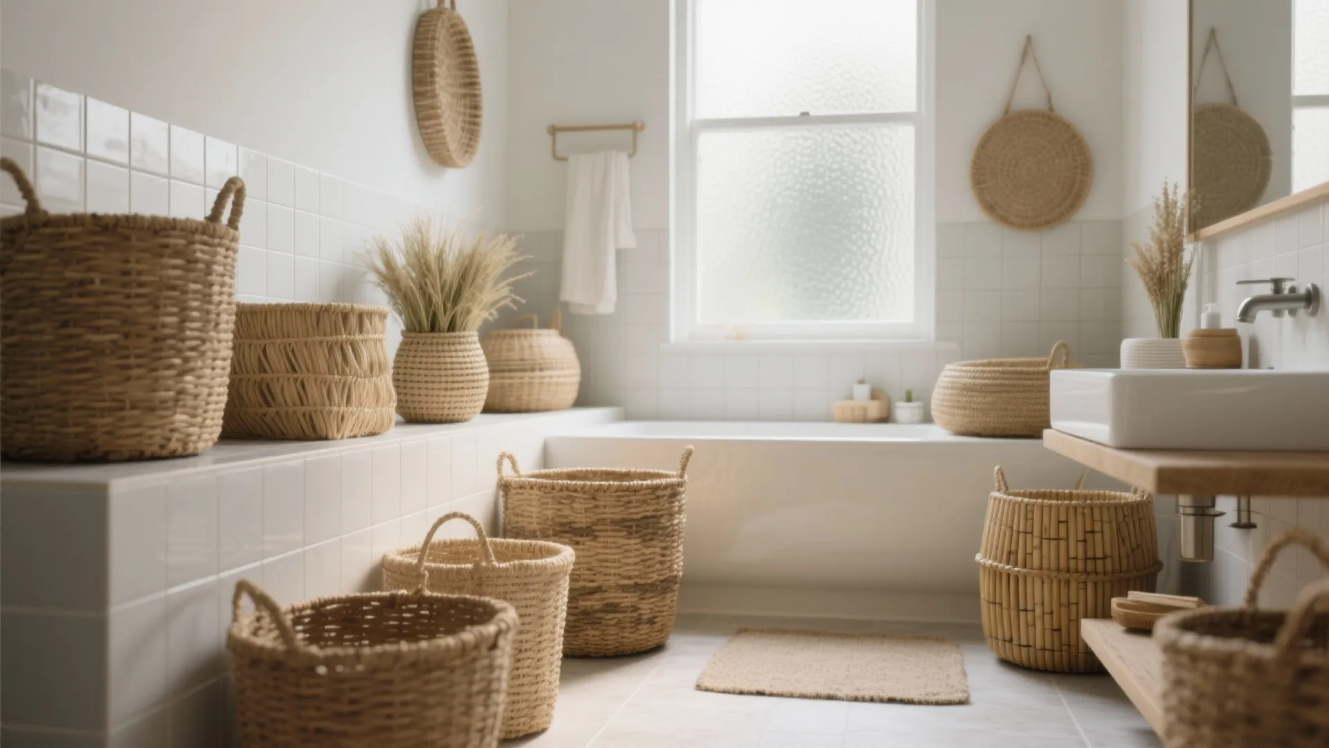 Bright white bathroom interior featuring many woven storage baskets placed near bathtub and on wooden floor