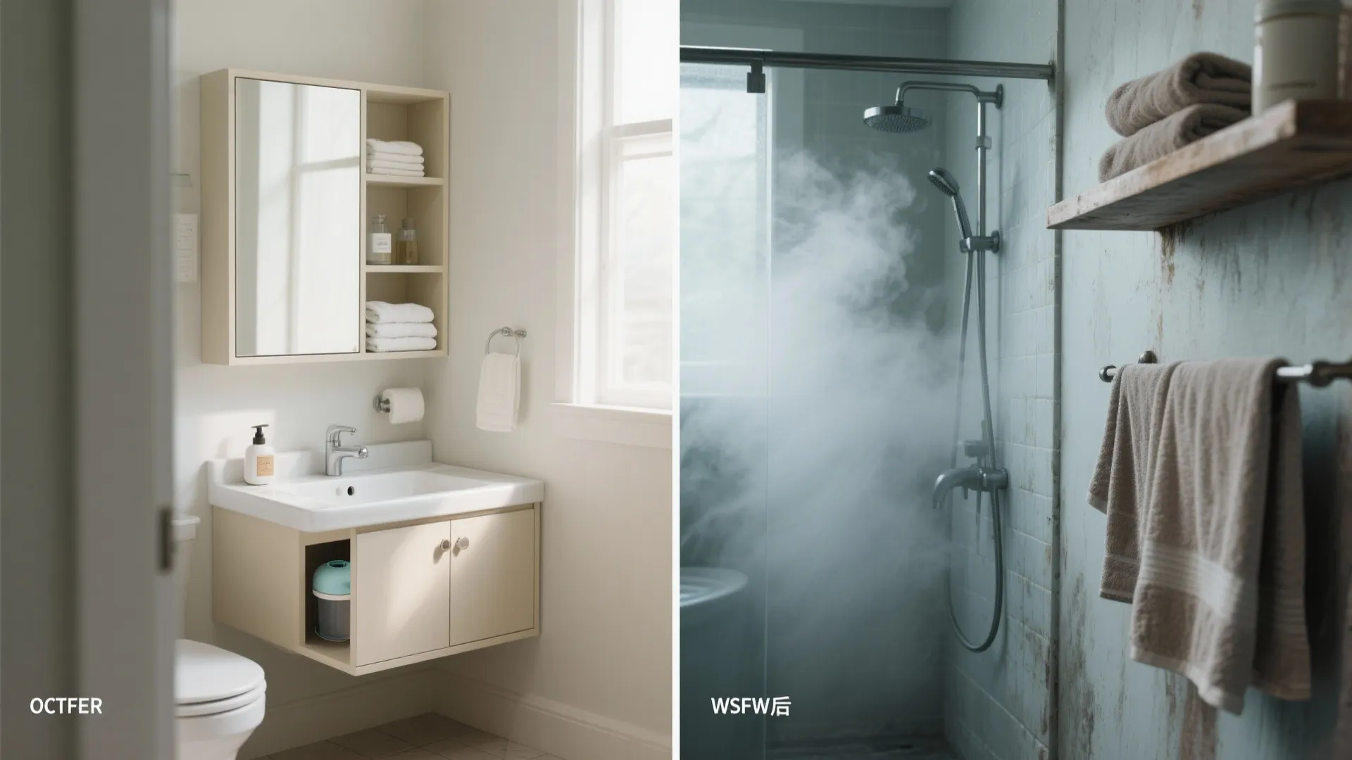 Before and after comparison showing clean bathroom sink area and a steamy glass shower stall
