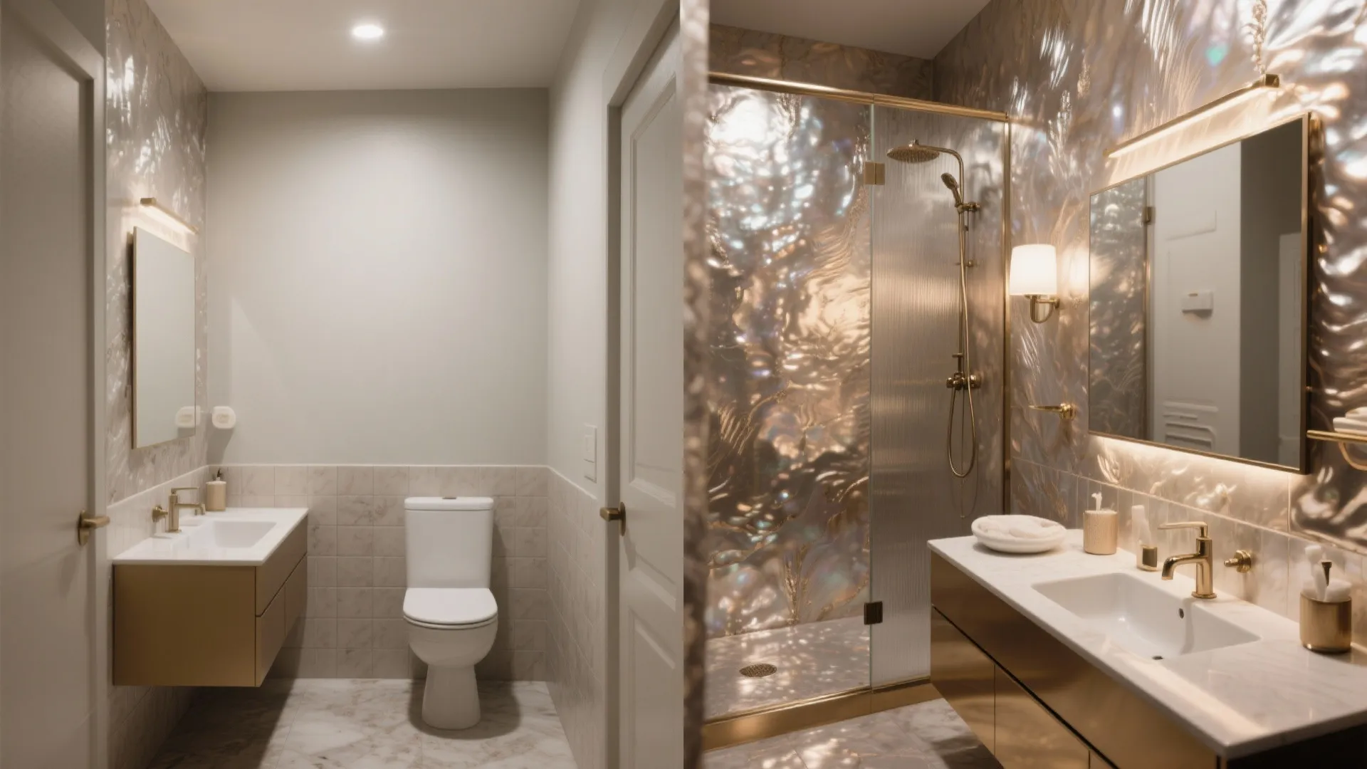 5. Small Bathroom, Big Drama: Metallic-Pearl Wash