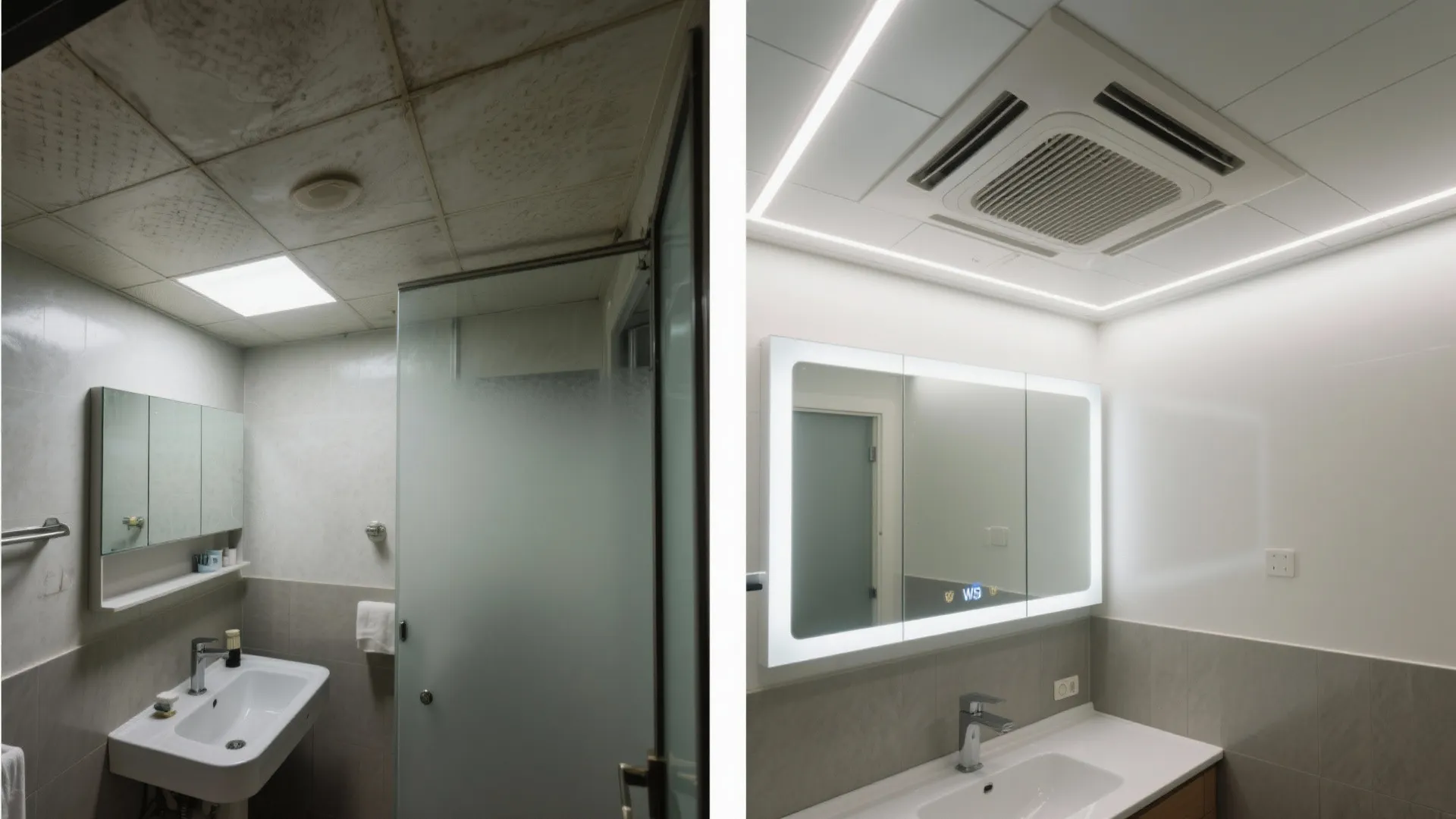 Before and after comparison of an old bathroom versus a new modern bathroom with lights
