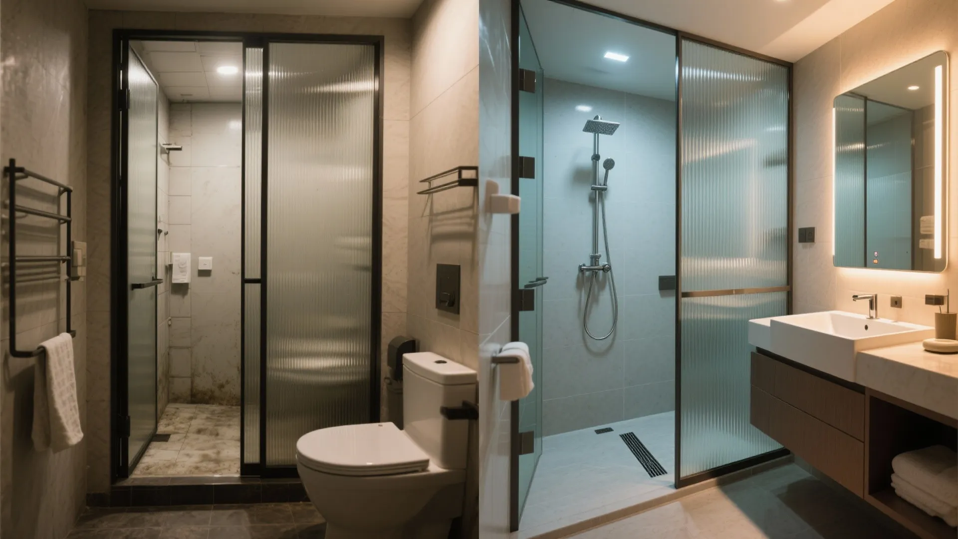Before-and-after of a small hotel bath transformed with glass, curbless shower, and better lighting.
