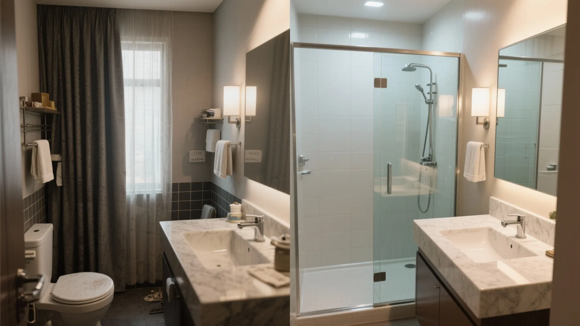 Before and after comparison of a bathroom showing a curtain versus a glass shower door
