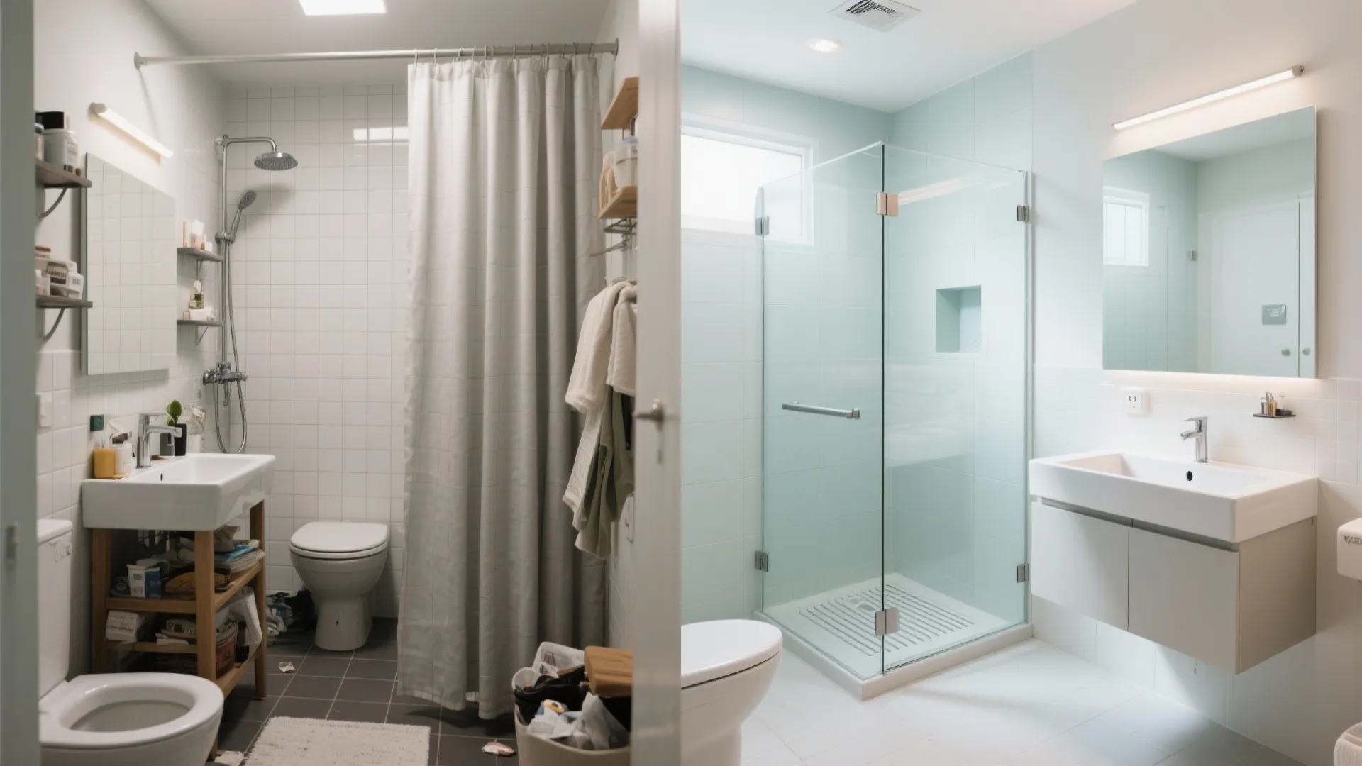 Before-and-after compact bathroom showing upgrade to wall-hung vanity and frameless glass shower