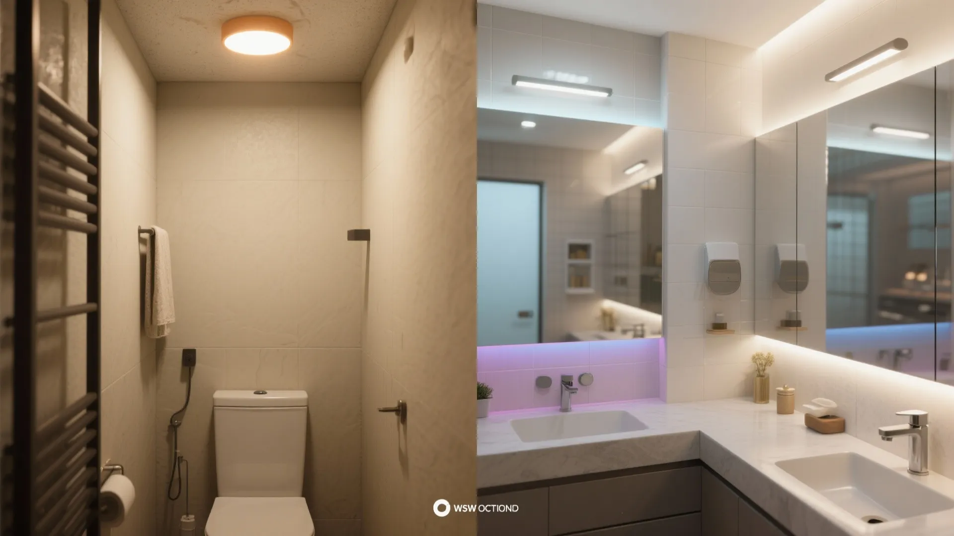 Before and after comparison of a simple small toilet versus a modern well lit bathroom sink
