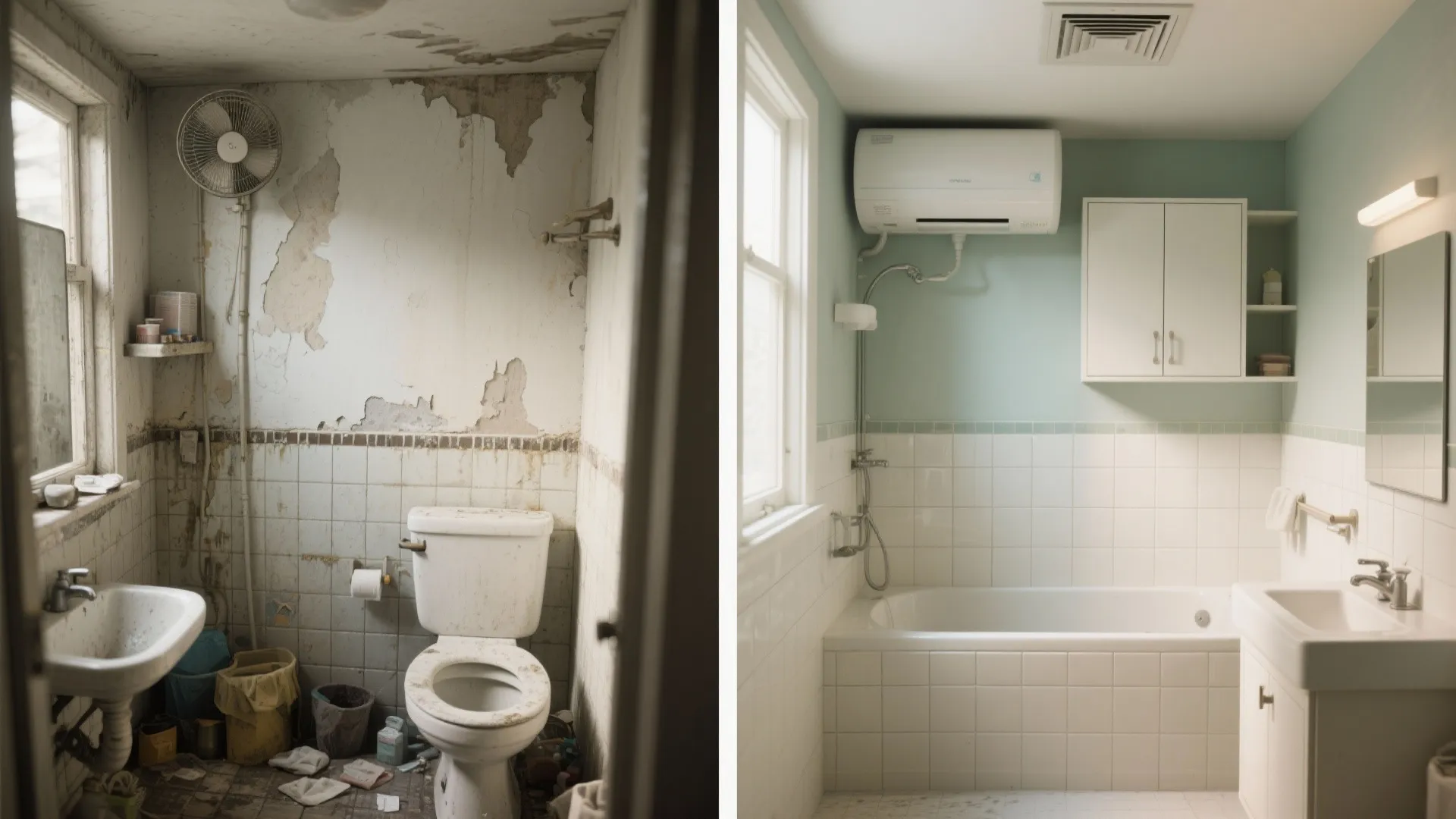Before and after comparison of old dirty bathroom versus a new clean white modern bathroom design