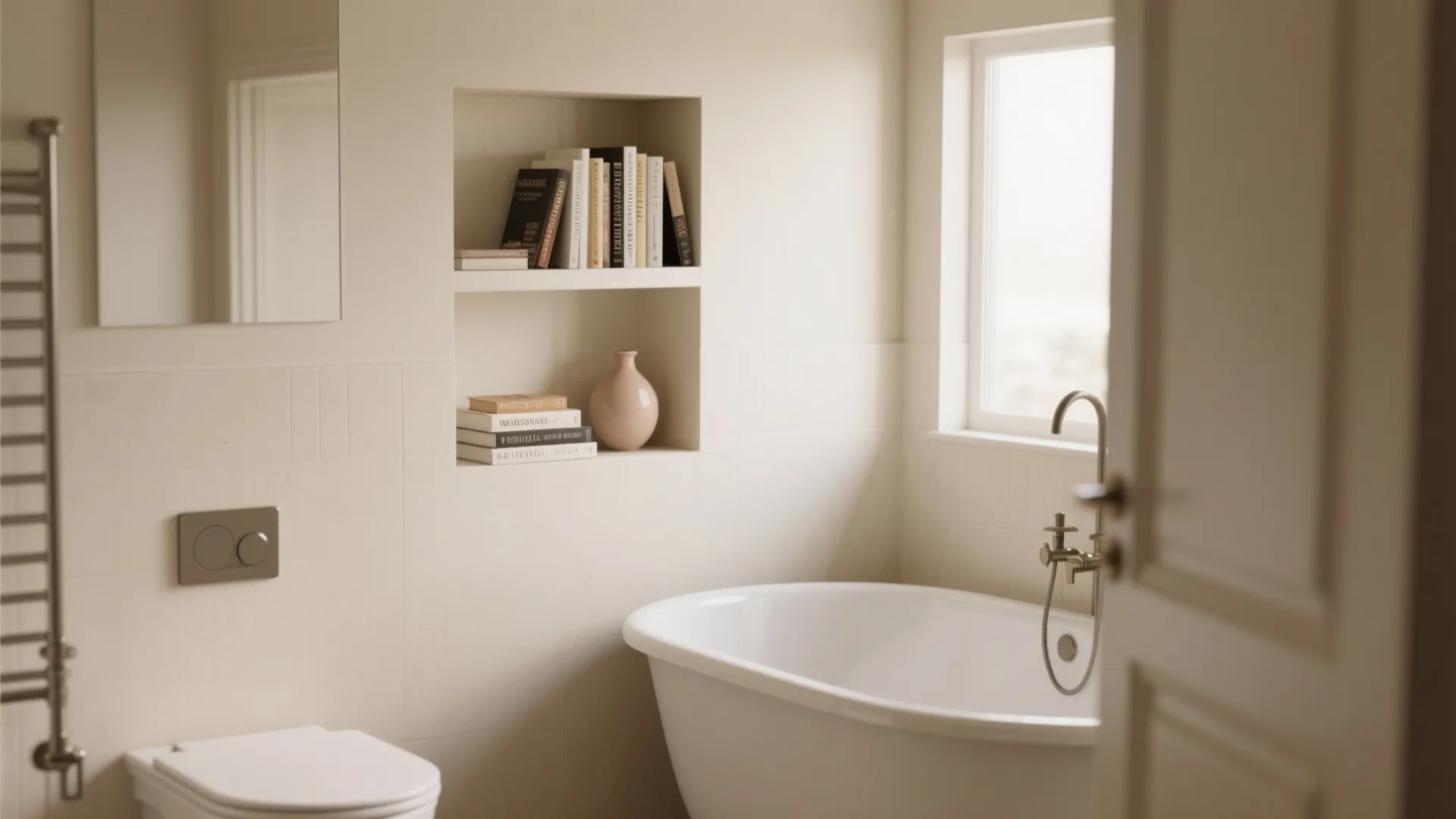 Cream colored bathroom featuring a white bathtub and wall niche filled with books and vases