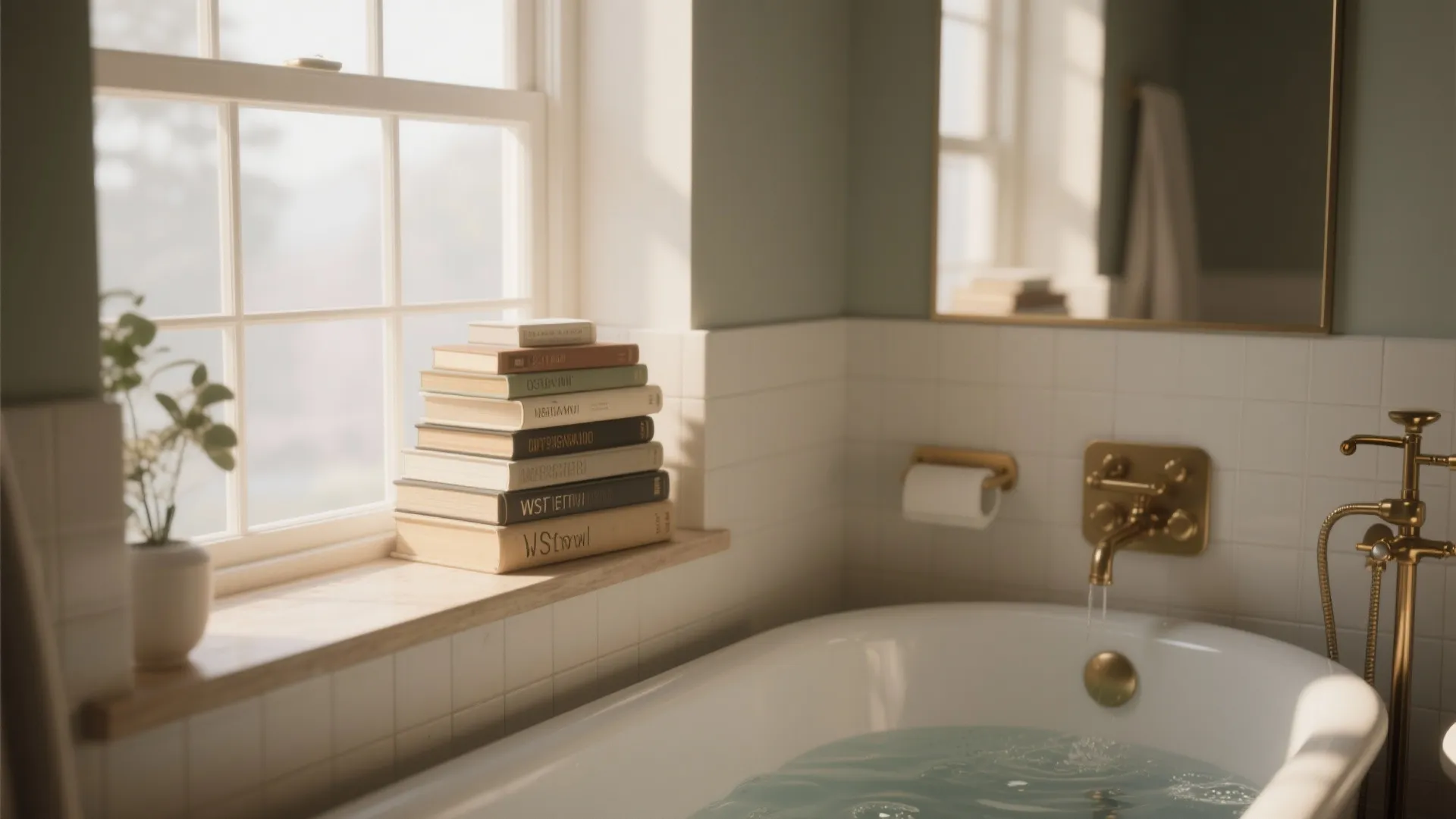 White bathtub with gold faucet and a stack of books on the wooden window ledge