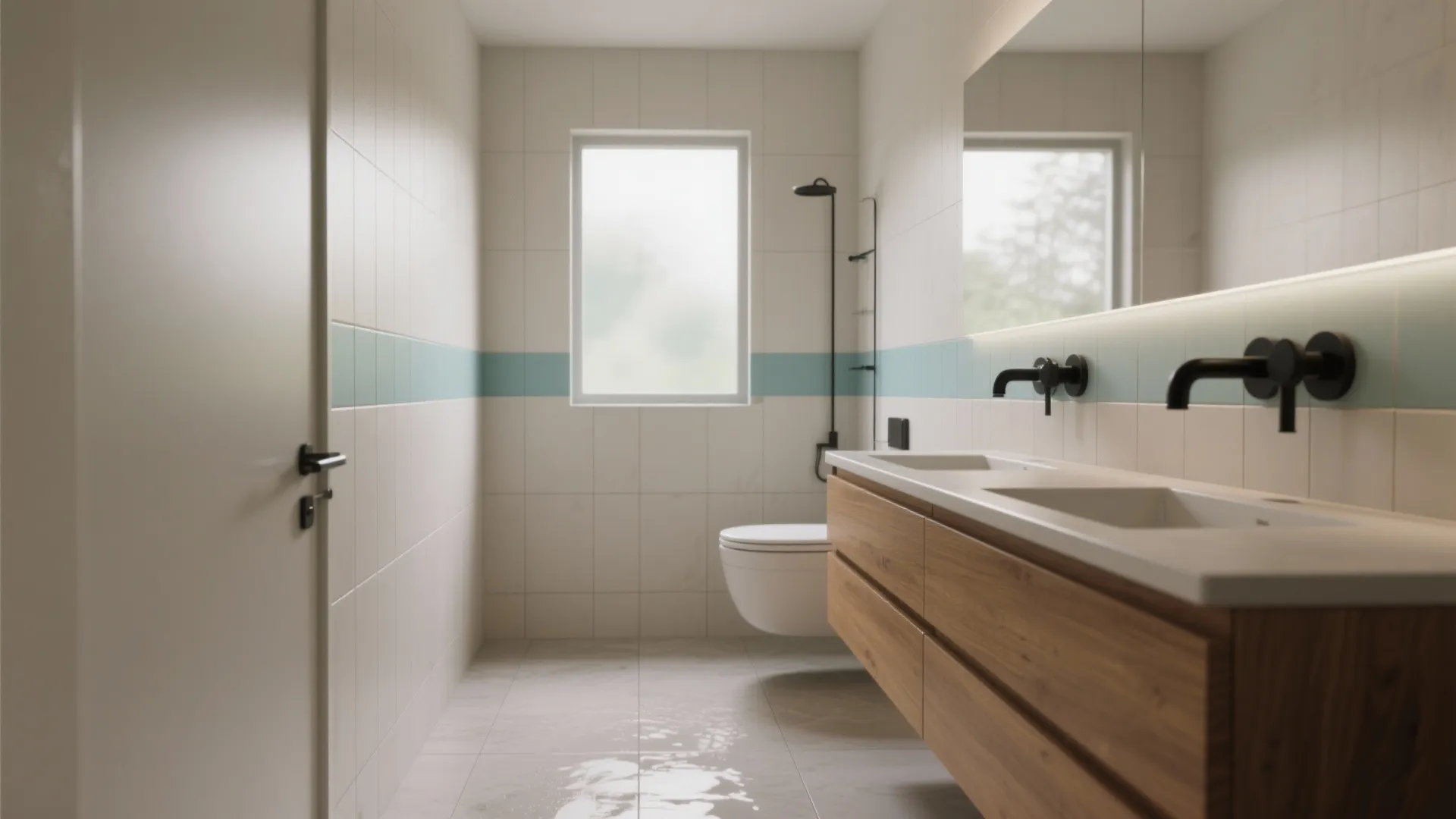 Modern bathroom with double sink wooden cabinet black faucets white wall tiles and blue wall strip
