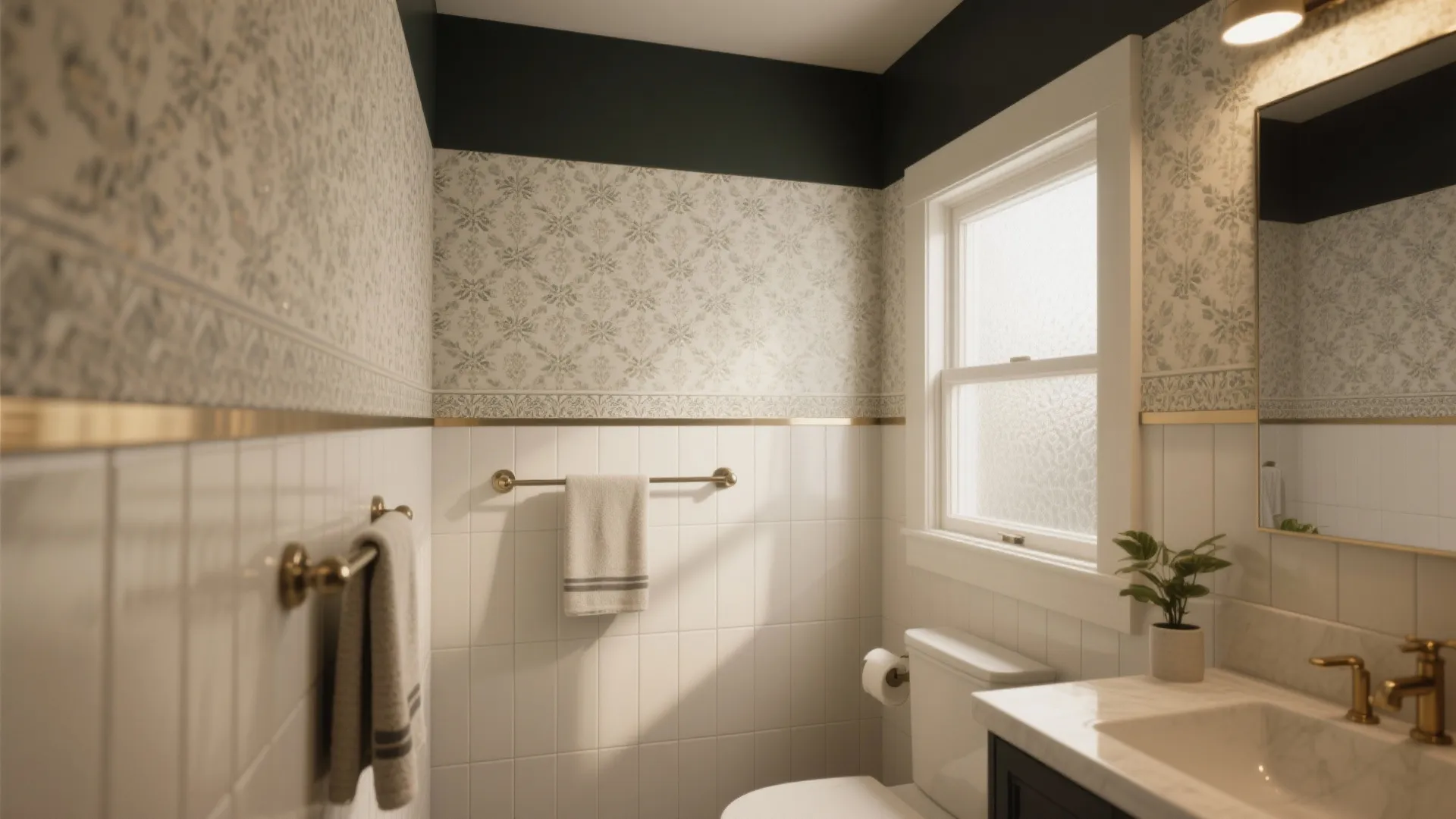 Small traditional bathroom with floral wallpaper white wall panels gold hardware and a small green plant