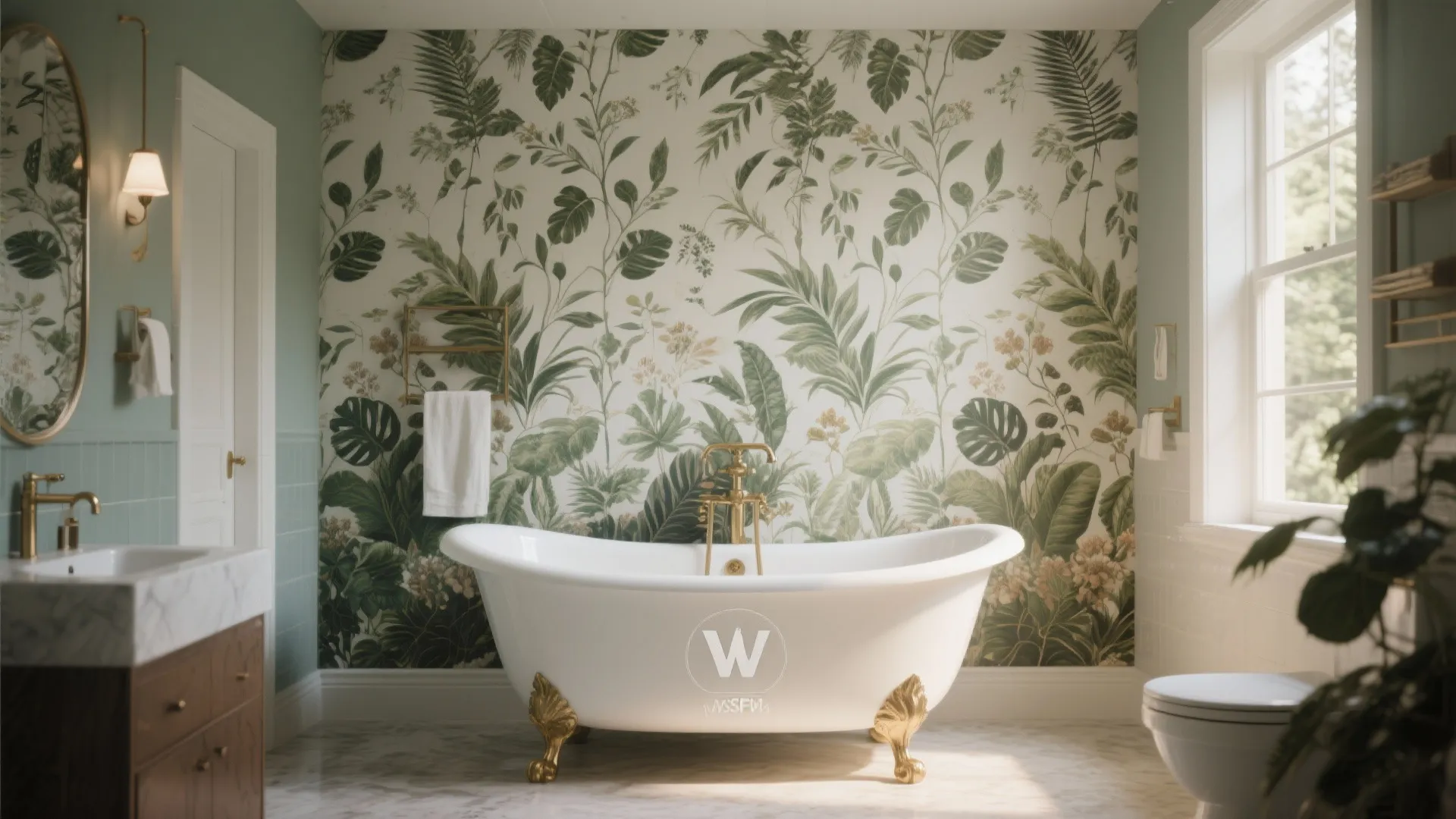 Moisture-resistant botanical wallpaper behind a bathtub