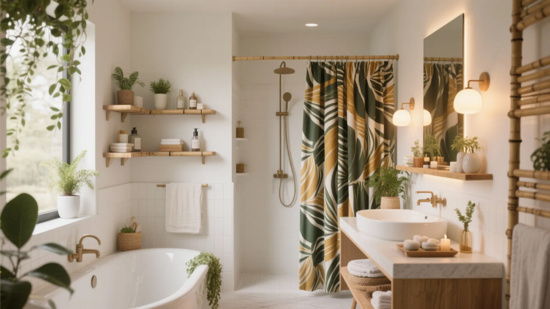 Bright bathroom featuring green leaf pattern curtain white bathtub wooden shelves and many green potted plants