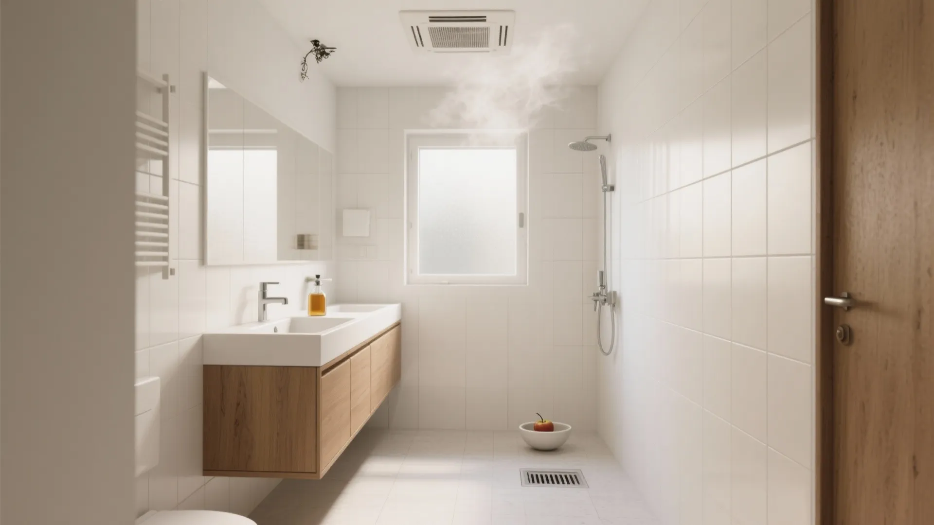 Modern white bathroom with wood cabinet shower area window and steam rising from floor drain