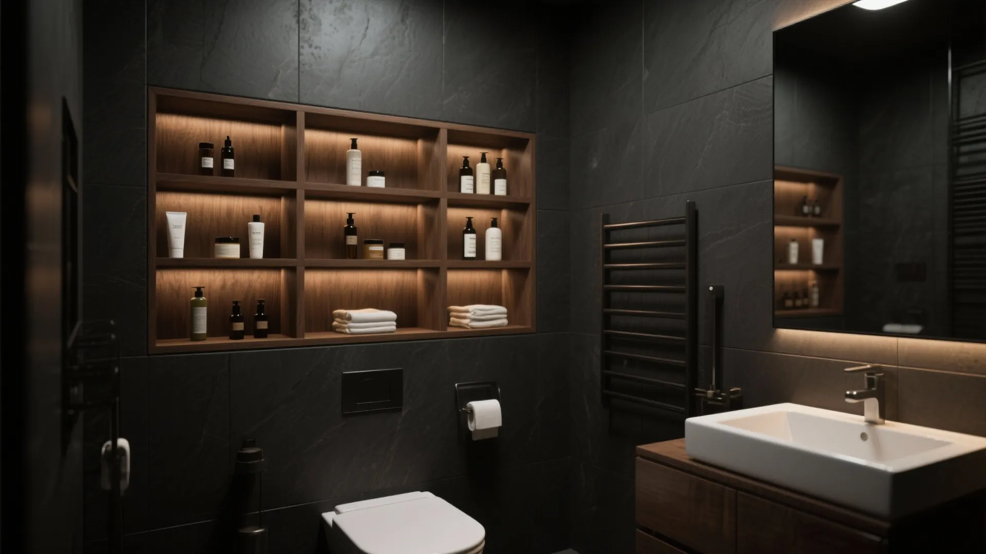 Dark bathroom featuring wooden wall storage shelves with toiletries white sink and black tile walls