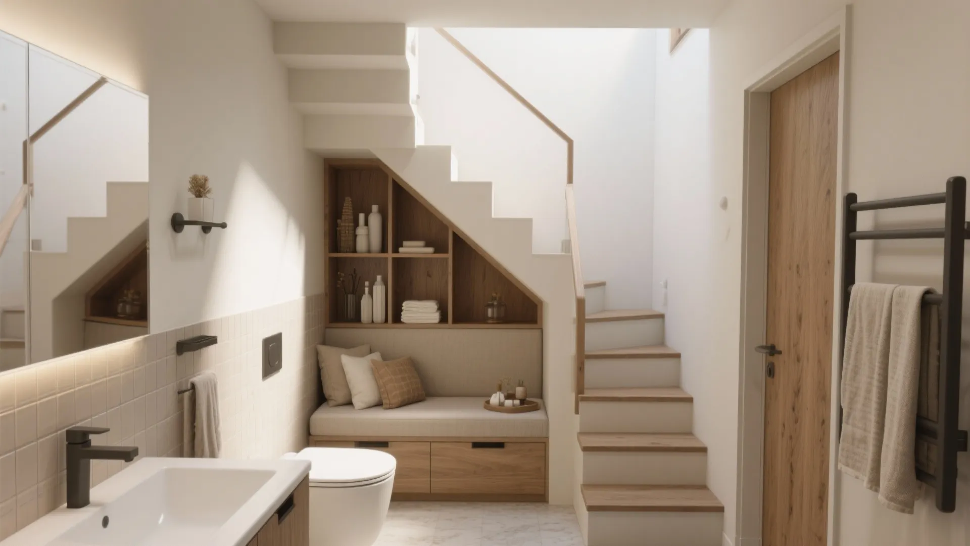Modern bathroom with a storage bench and shelves built under a wooden and white staircase