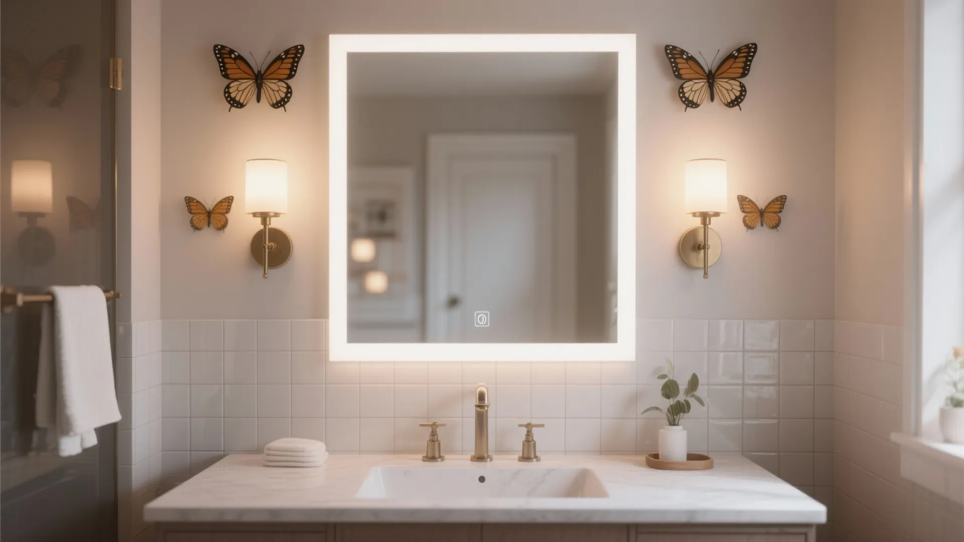 Bathroom vanity with butterfly sconces flanking a mirror providing flattering soft light and moisture-rated appearance.
